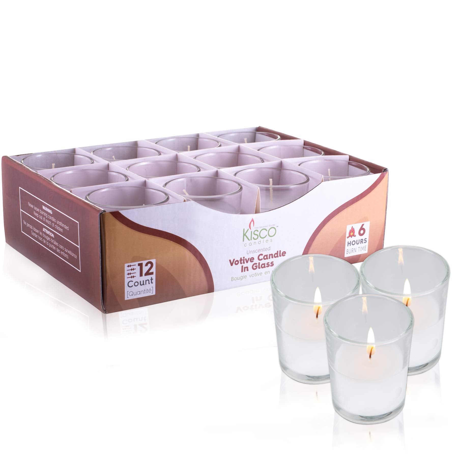 KISCO CANDLES: Votive Candles with Holders Clear Decorative Glass Home Decor, Beautiful Living Room, Kitchen, Bathroom Lighting | Long-Lasting Wax - Like New