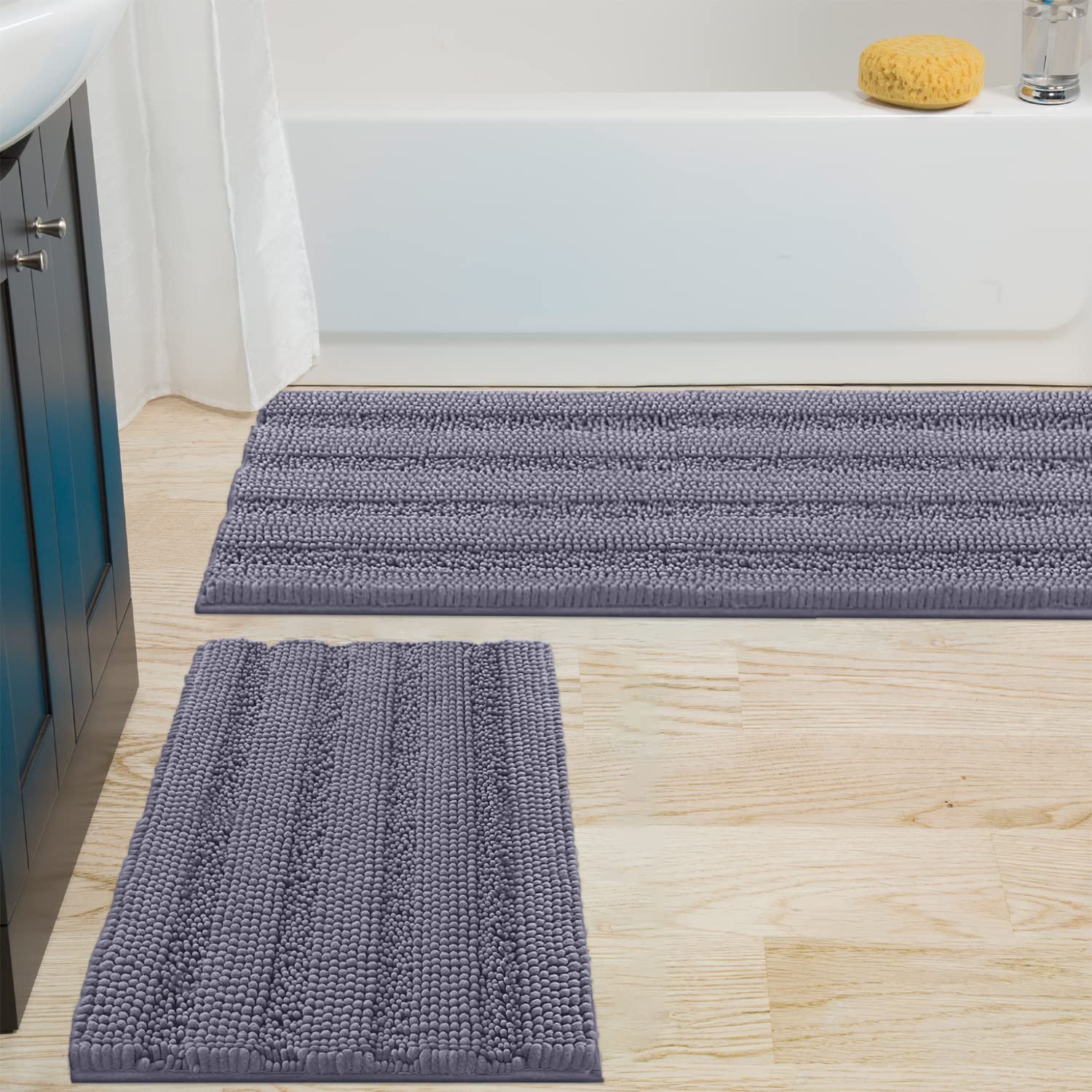 Zebrux Non Slip Thick Shaggy Chenille Bathroom Rugs, Bath Mats for Bathroom Extra Soft and Absorbent - Striped Bath Rugs Set for Indoor/Kitchen (15 x 24 + 27 x 47'', Dark Gray) - Like New