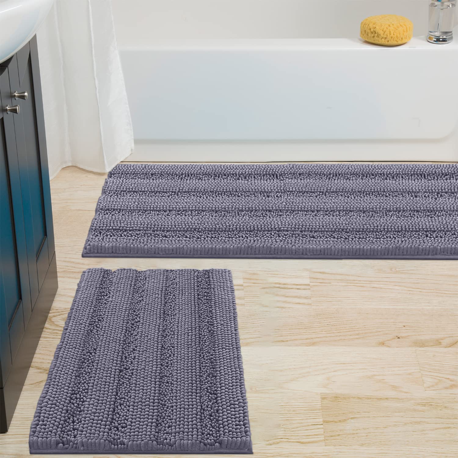 Zebrux Non Slip Thick Shaggy Chenille Bathroom Rugs, Bath Mats for Bathroom Extra Soft and Absorbent - Striped Bath Rugs Set for Indoor/Kitchen (15 x 24 + 27 x 47'', Dark Gray)  - Like New