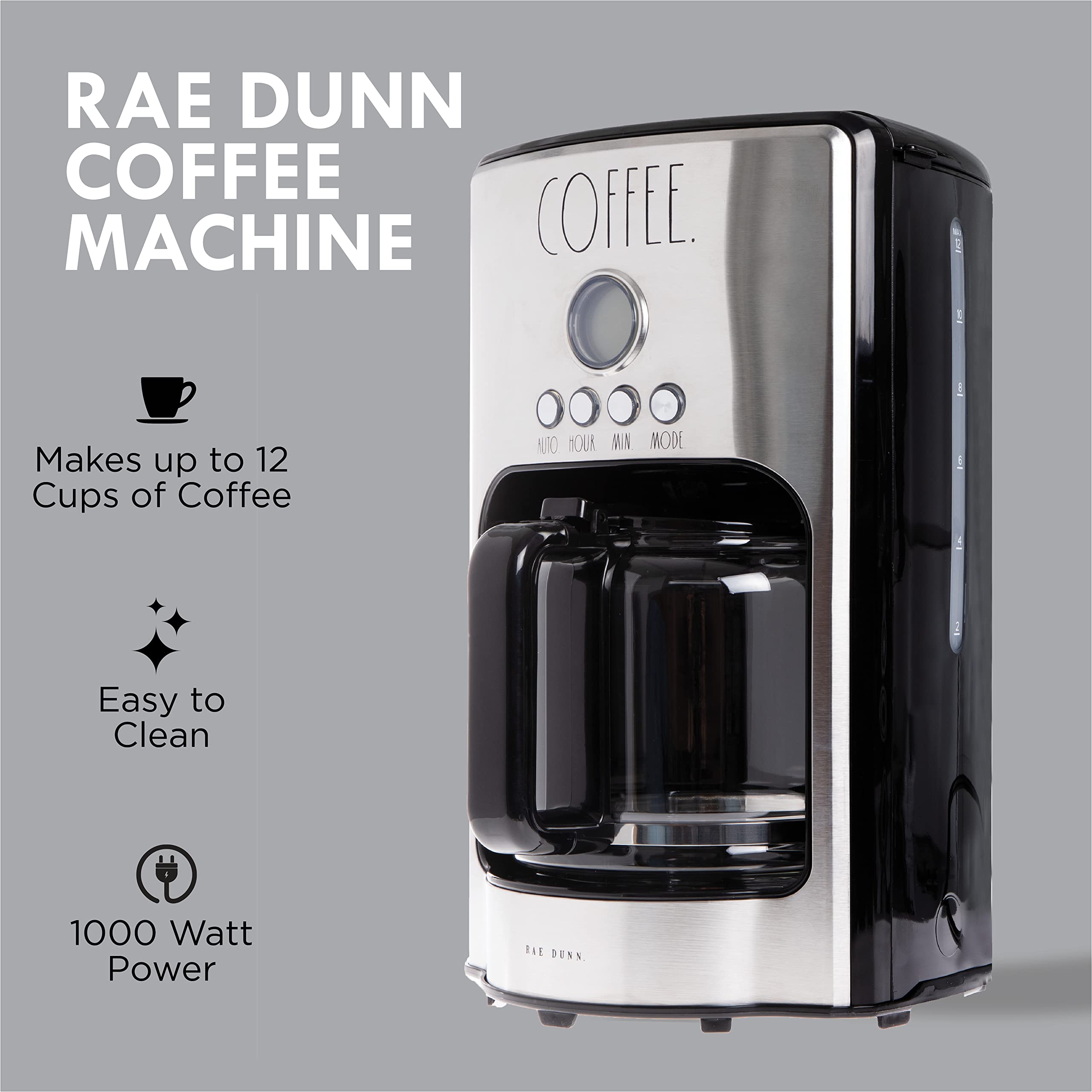 Rae Dunn Programmable Drip Coffee Maker, Coffee Pot for Kitchen, Electric Coffee Machine for Brewing Coffee. Easy to Use Coffee Maker Brews 12 Cups, Genuine Labelled COFFEE - Like New