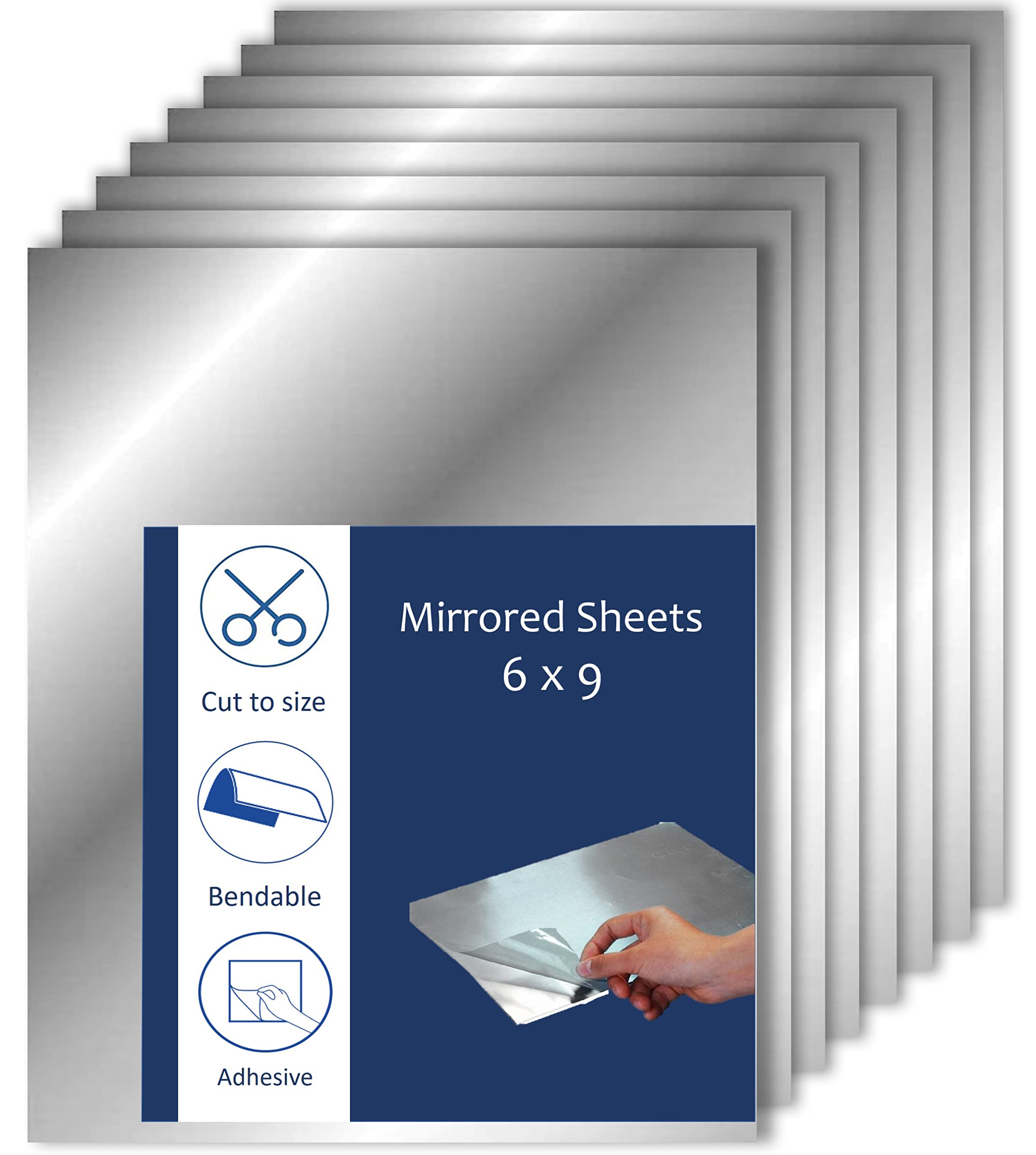 Adhesive Mirror Sheet 6 x 9 Inches Flexible Mirrors Sheets (8 Pack) | Non-Glass Self Adhesive Stick on Mirror Tiles | Cut Mirror Paper to Size, Peel and Stick, Great for Crafts and Mirror Wall  - Very Good