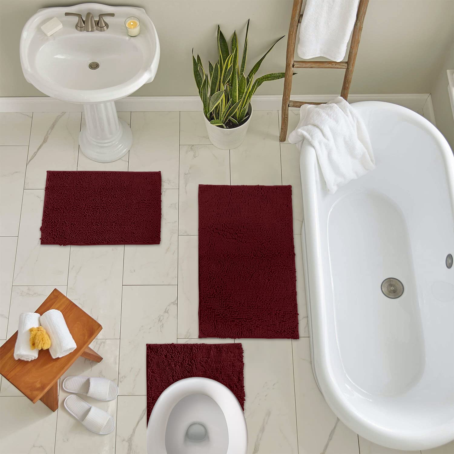 LuxUrux Bathroom Rugs 3pc Non-Slip Shaggy Chenille Bathroom Mat Set, Includes U-Shaped Contour Toilet Mat, 20 x 30'' and 16 x 24'' Bath Mat, Machine Washable, Burgundy. - Very Good