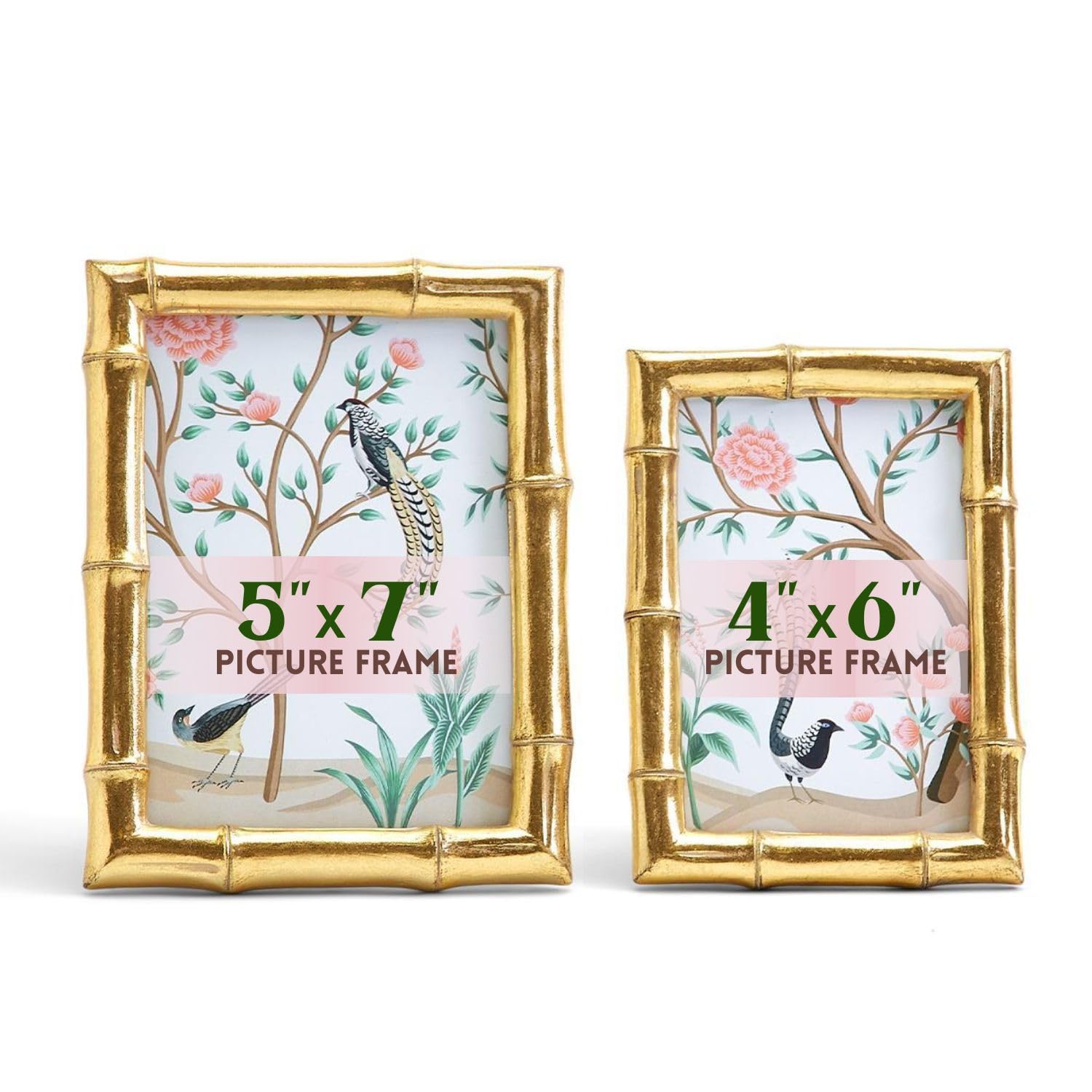 Two's Company Bamboo Picture Frames, Decorative Wall & Tabletop 5x7 & 4x6 Gold Frame Set - Vertical/Horizontal Display - Acceptable