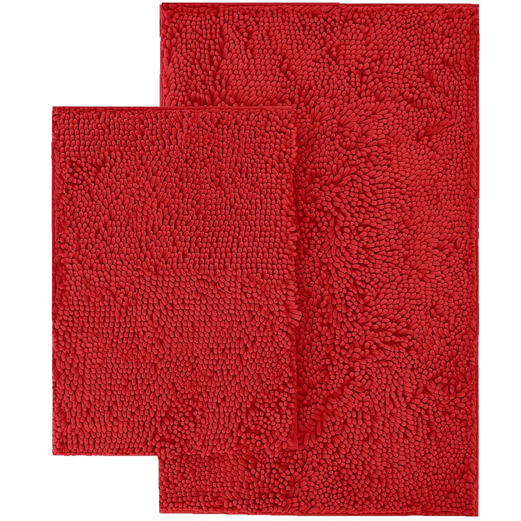 LUXURUX Red Bathroom Rugs Set-Extra-Soft Plush Bath mat Shower Bathroom Rugs,1'' Chenille Microfiber Material, Super Absorbent (Rectangular Set, Red) - Like New