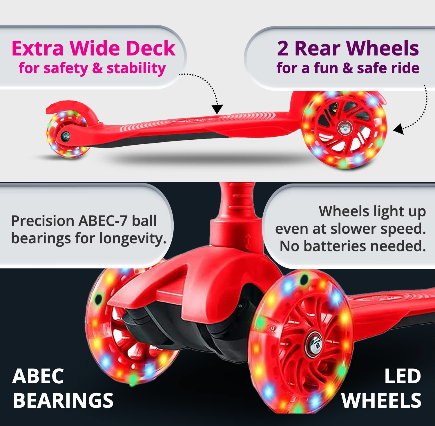 Kicksy - Kids Scooter - Toddler Scooter for Kids 2-5 Adjustable Height - 3 Wheel Scooter for Kids Ages 3-5 Boys & Girls - Kids Three Wheel Scooter with Light Up LED Wheels - Acceptable