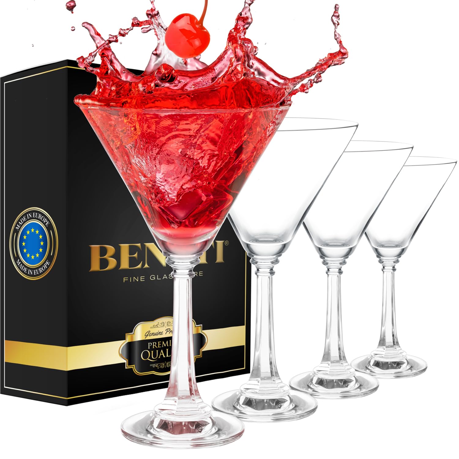 BENETI Tall Martini Glasses Set of 4 | Made in Europe | 11oz Long Stem Crystal Cocktail Bar Glasses - Like New