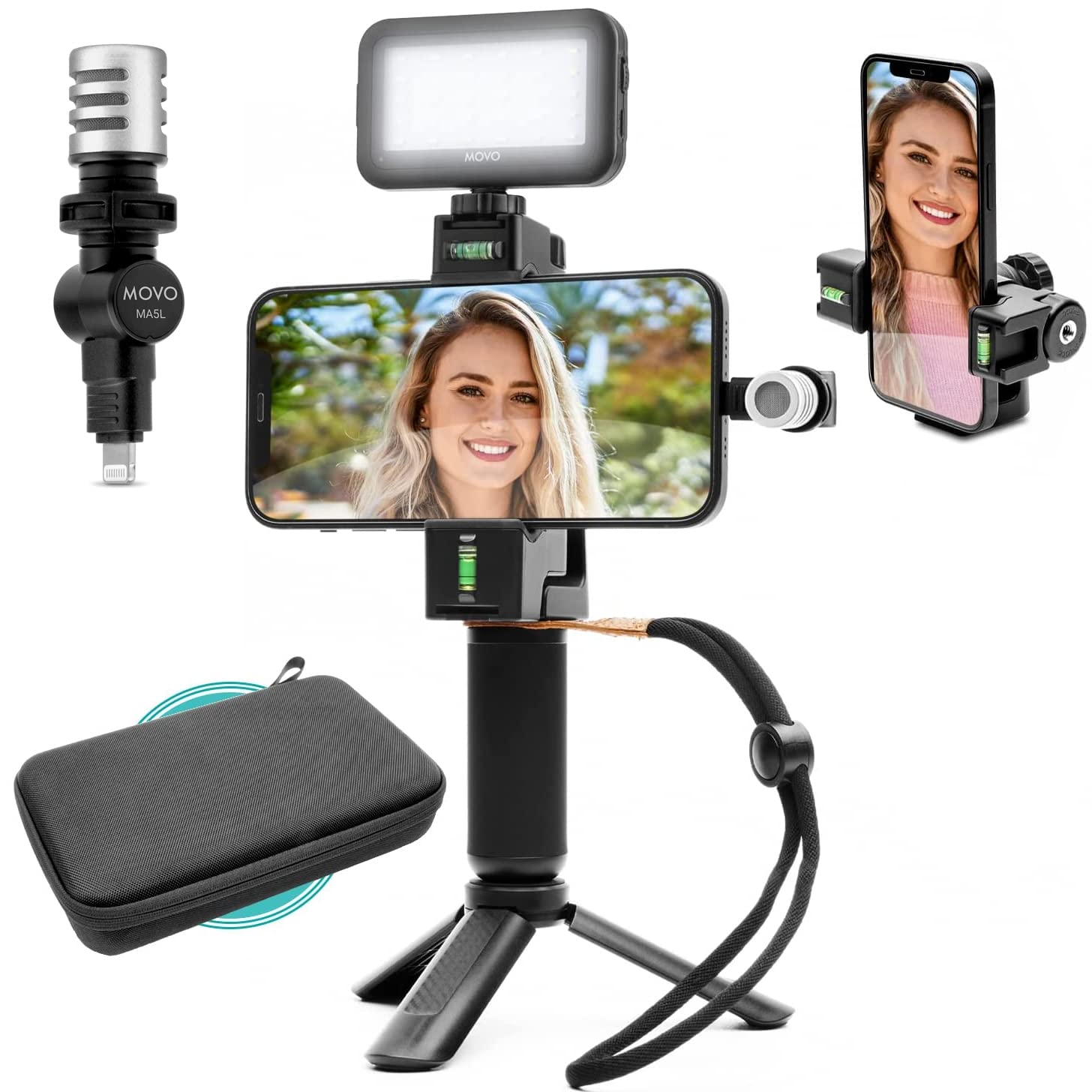 Movo iVlogSK Starter Kit for Content Creators - Smartphone Video Vlogging Kit for iPhone - Includes Lightning Microphone, LED Video Light, Phone Holder, Grip, and Mini Tripod - Like New