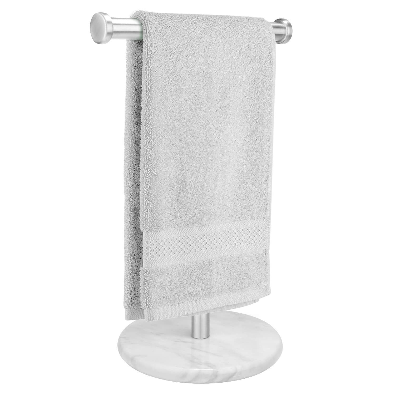 Homeries Marble Hand Towel Holder - Stainless Steel Towel Stand with Round Marble Base - Modern T-Shape Hand Towel Valet for Bathroom, Vanity Top Towel Stand, Counter Towel Bar, Jewelry Rack - Acceptable