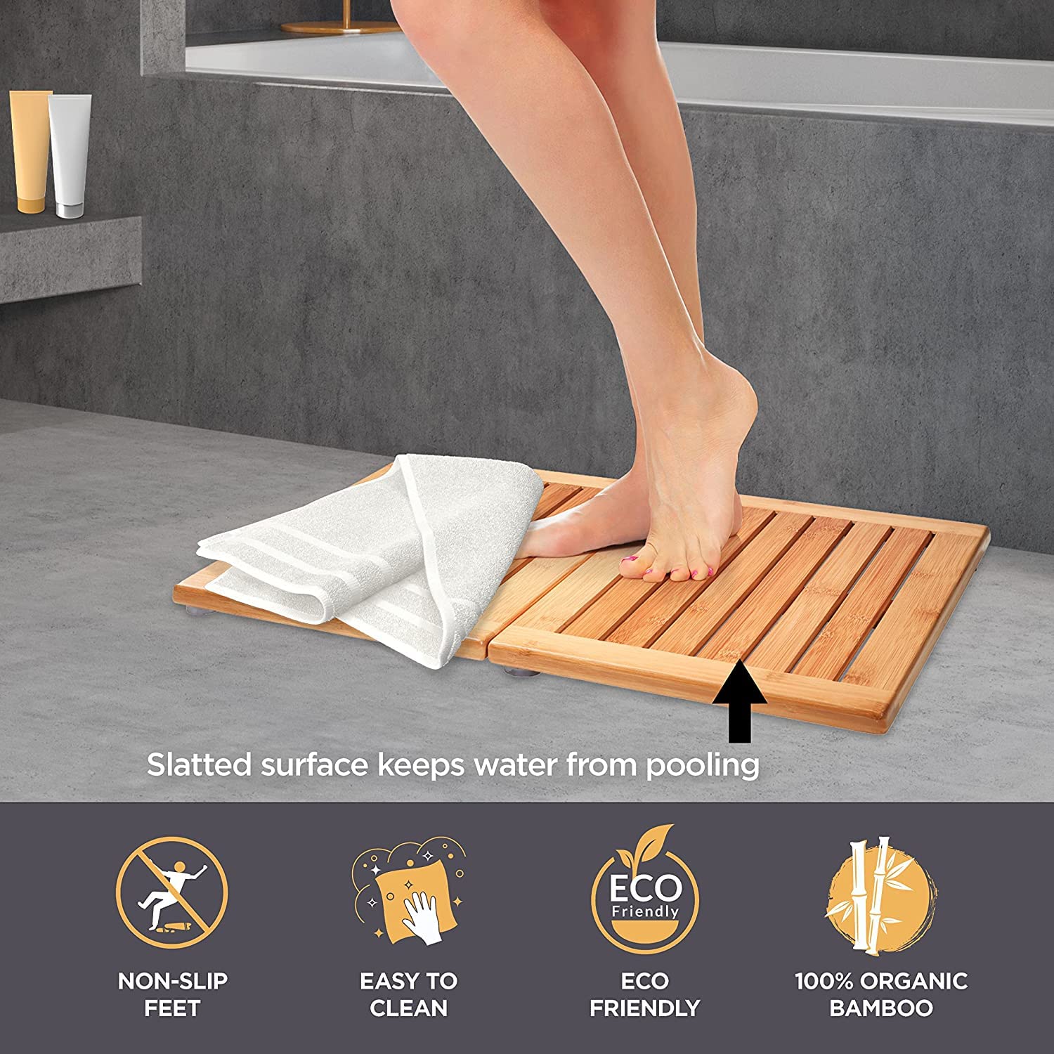 Bamb�si Premium Bamboo Bath Mat - Foldable Wood Shower Mat for Easy Storage, Non-Slip Bathroom Mat, Versatile for Indoor and Outdoor Use, Ideal Floor Mat for Spa, Sauna, Pool, 24" x 18" - Like New