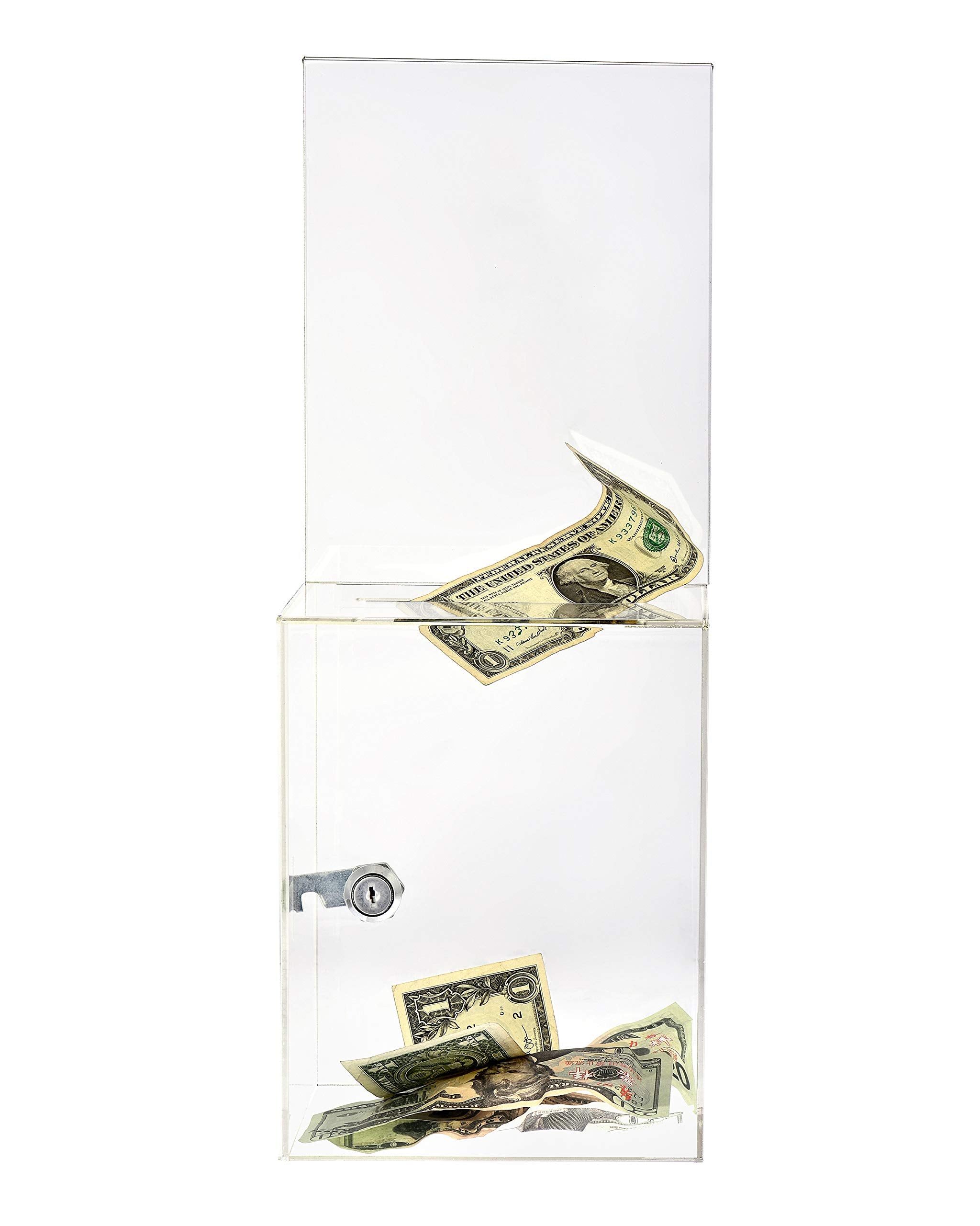 AdirOffice Tall Acrylic Suggestion/Donation Box - Wall Mountable Plastic Comments/Ballot Box w/Safety Lock for Cash, Suggestions & Employee/Customer Comment Cards - Like New