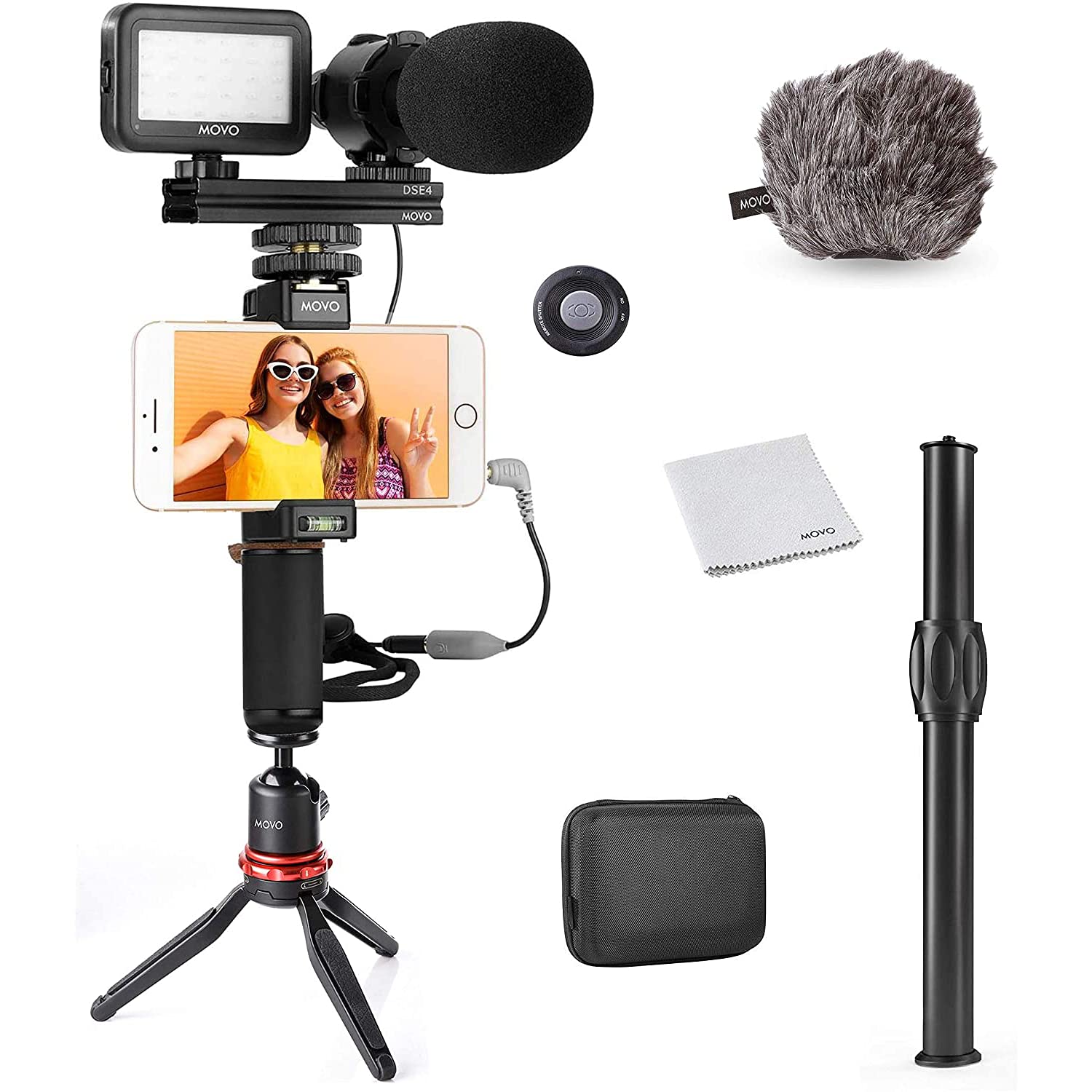 Movo V7+ YouTube Starter Kit - Vlogging Kit for iPhone with Tripod, Grip, Stereo Microphone, LED Light and Remote - Vlog Kit for iPhone 5, 5C, 5S, 6, 6S, 7, 8, X, XS or Samsung - iPhone Vlogging Kit - Good