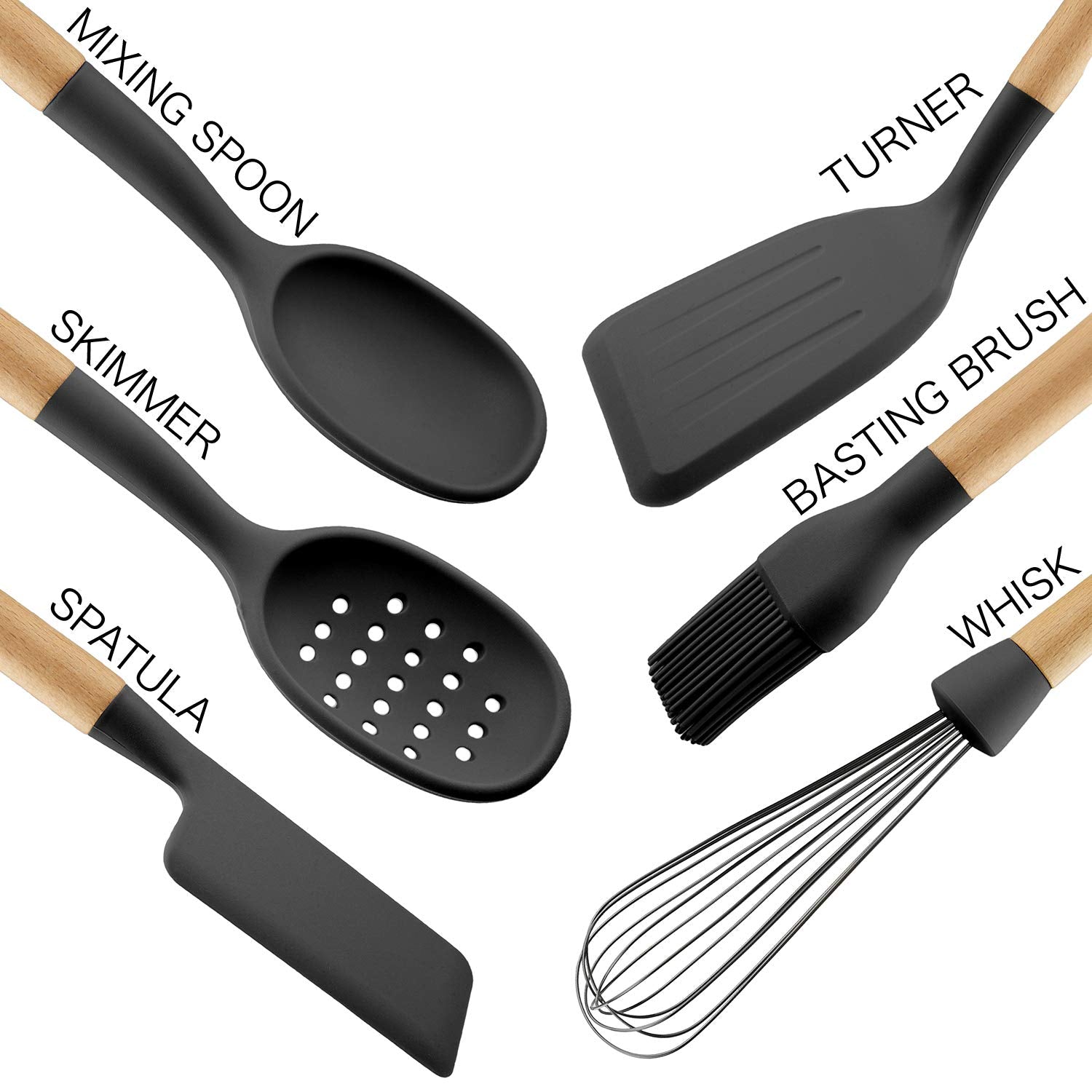 Country Kitchen 8 pc Non Stick Silicone Utensil Set with Rounded Wood Handles for Cooking and Baking - Like New