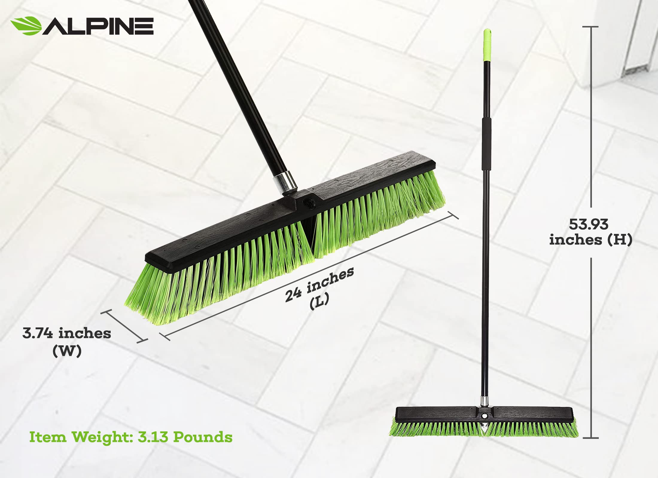 Alpine Industries Push Broom Heavy Duty Smooth Surface Broom Deck Scrubber Long Handle Commercial Floor Scrub Broom Cleans Dirt, Debris, Sand, Mud, Leaves and Water - Like New