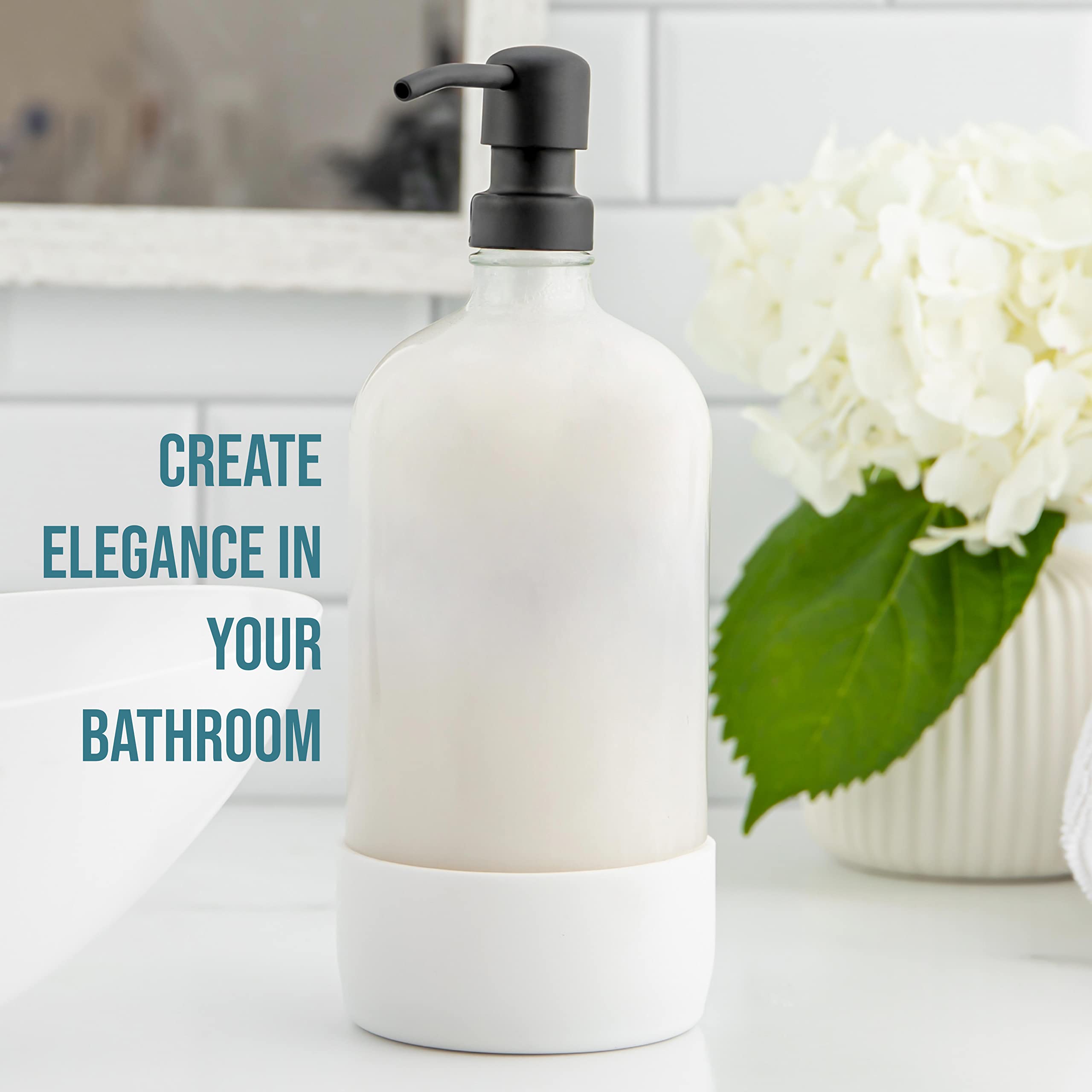 32 oz Glass Pump Bottle Rustproof Stainless Steel Pump, Funnel, and Lids. Modern Farmhouse Vintage Jar, Large Glass Shampoo Bottles with Pump and Laundry Soap Dispenser - Like New