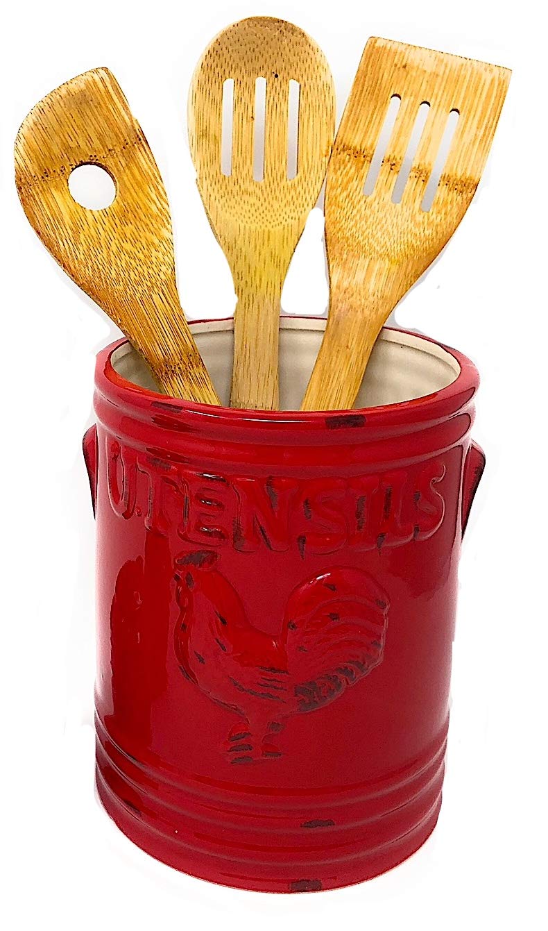 Home Essentials Rooster 7" H Utensil Crock Red W/Embossed Handles - Like New