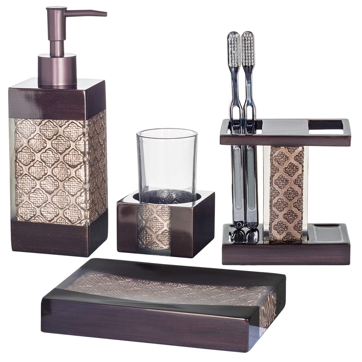 Creative Scents Bronze Bathroom Accessories Sets Complete - Decorative Bathroom Accessory Set - 4 Pc Bathroom Set Includes: Soap Dispenser, Toothbrush Holder, Tumbler and Soap Dish (Dahlia Collection) - Like New