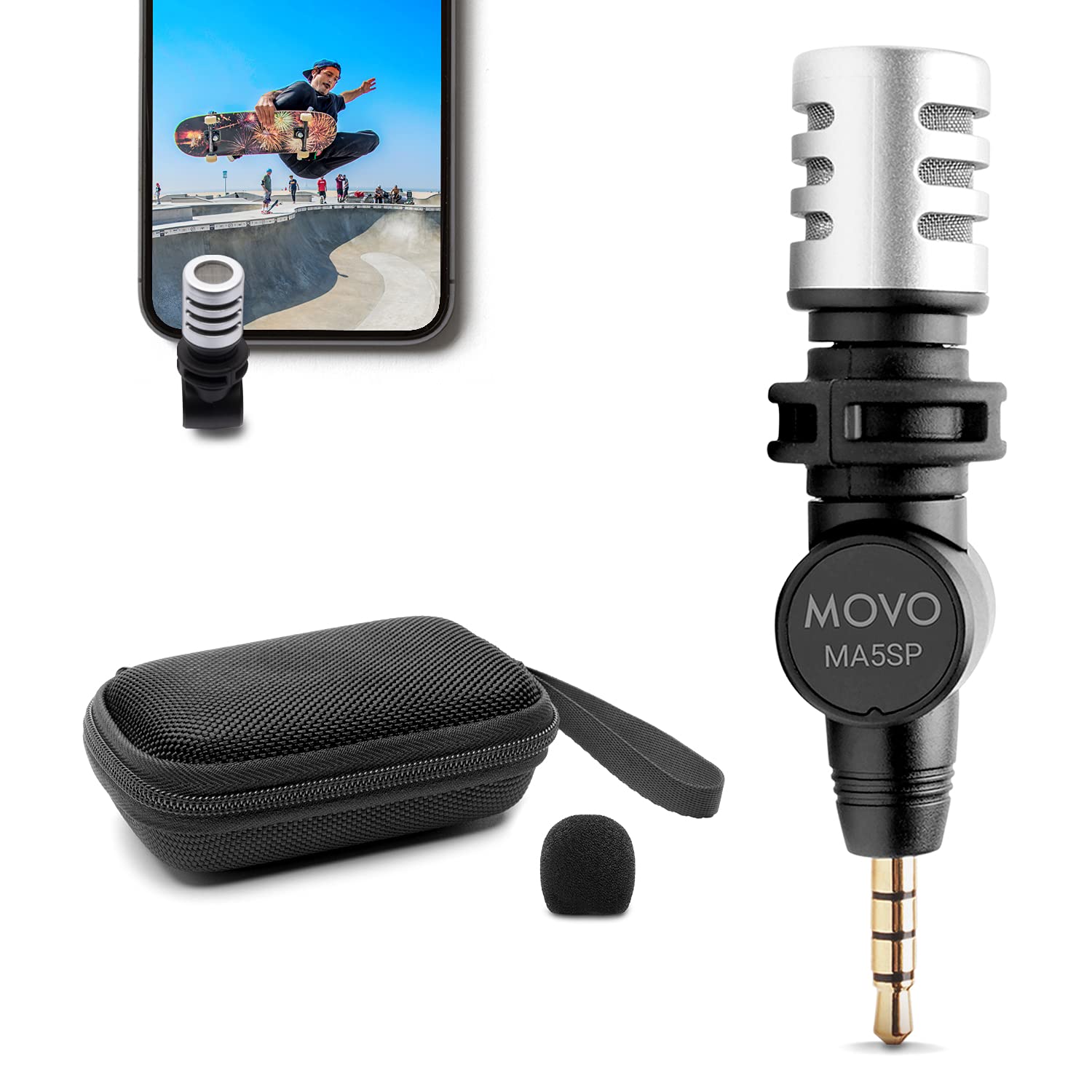 Movo MA5SP 3.5mm TRRS Shotgun Microphone for iPhone or Android Devices - Omnidirectional Phone Microphone with 180� Rotation - Mini Travel Smartphone Microphone for Video, Vlogging, Interview, Travel - Very Good