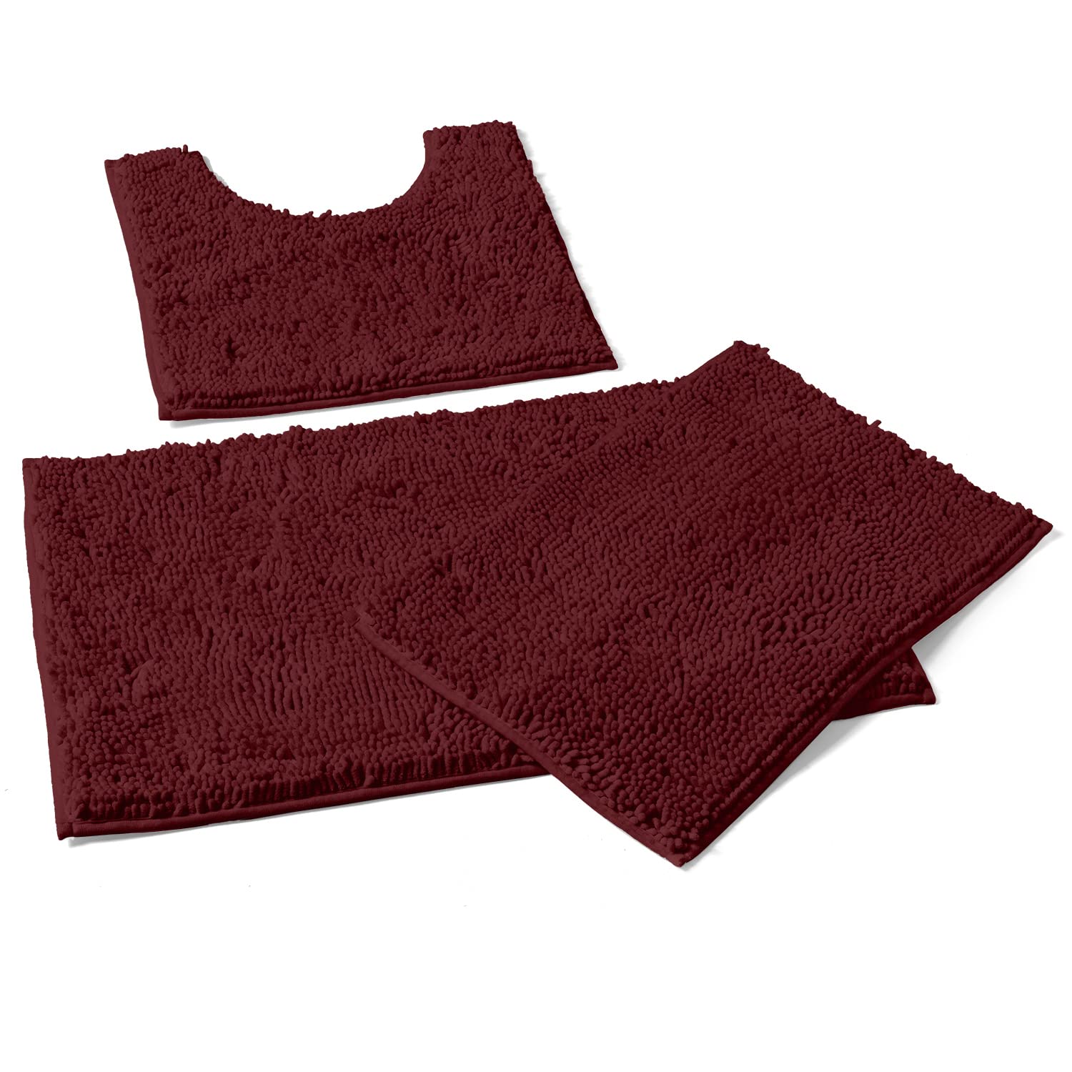 LuxUrux Bathroom Rugs 3pc Non-Slip Shaggy Chenille Bathroom Mat Set, Includes U-Shaped Contour Toilet Mat, 20 x 30'' and 16 x 24'' Bath Mat, Machine Washable, Burgundy. - Very Good