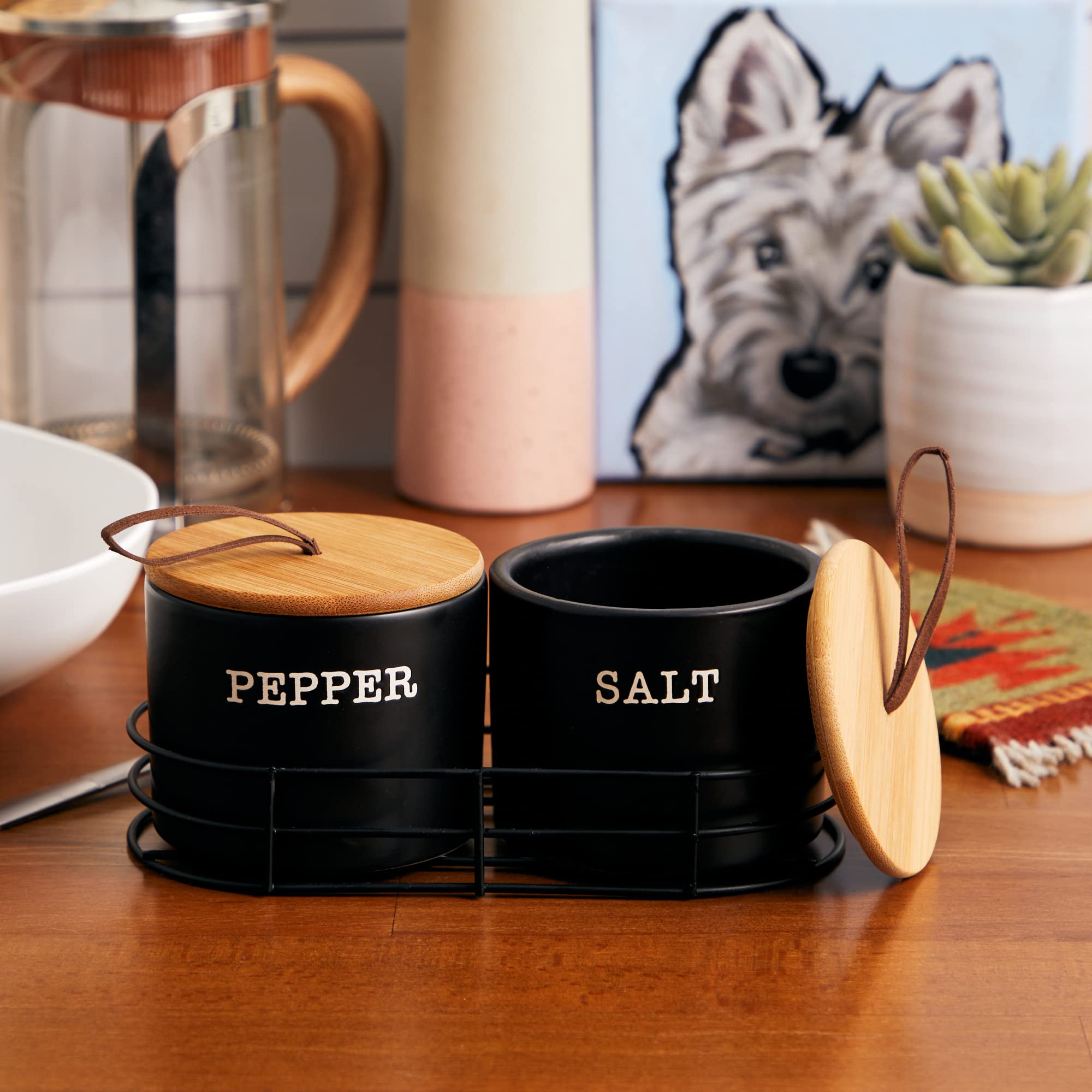 Heartland Hive Salt and Pepper Cellars with Bamboo Lid and Rack Holder - Like New