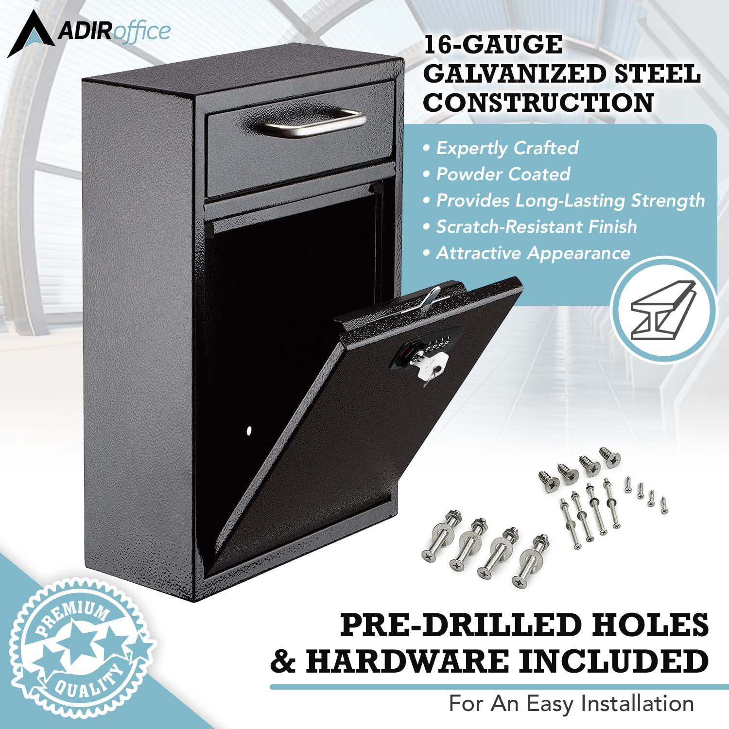 AdirOffice Ultimate Drop Box Wall-Mounted Mailbox - Hanging Secured Postbox - Durable Spacious Key or Combination Lock Box Perfect for After Hours Deposits Payments Key and Letter Drops - Good