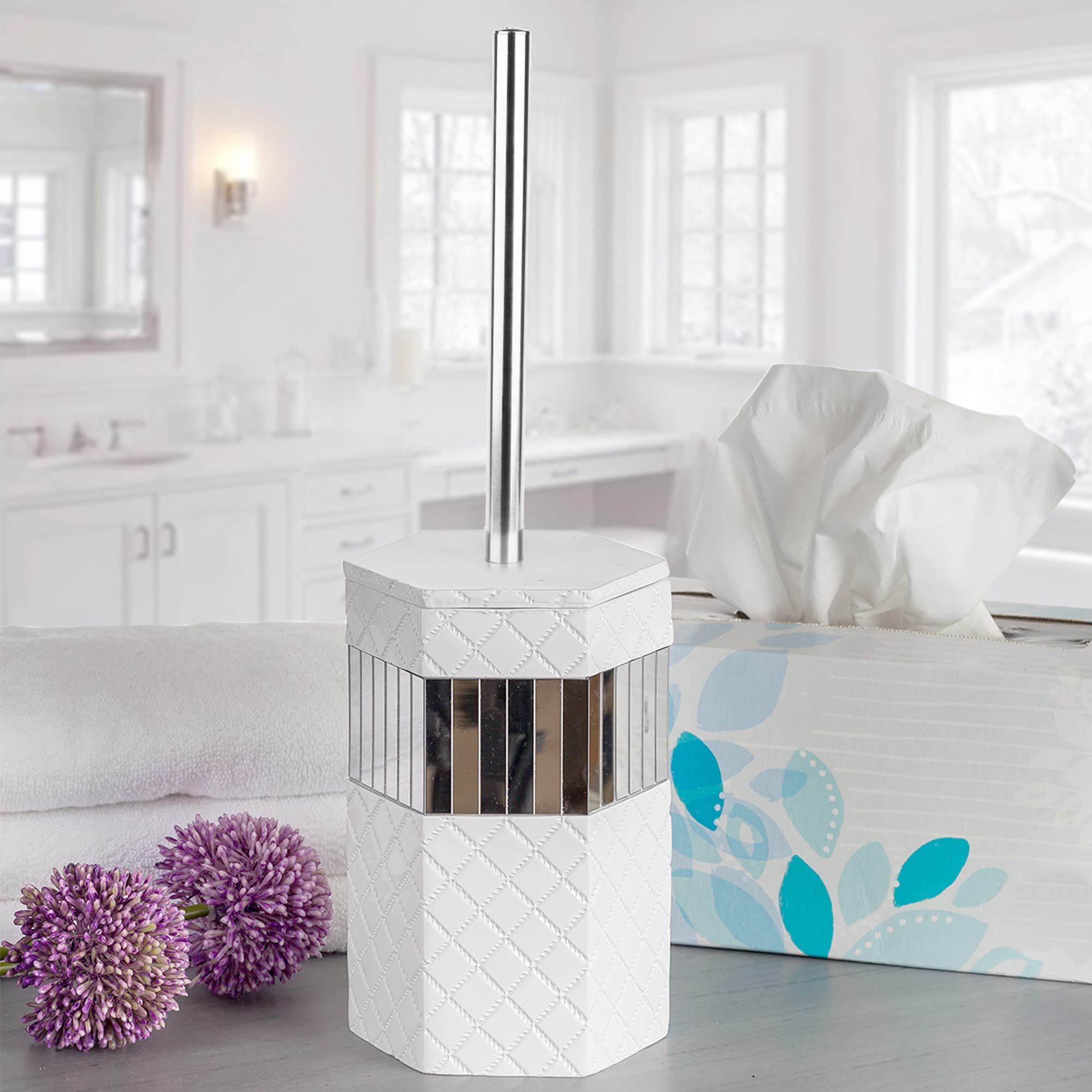 Creative Scents Bathroom Toilet Brush Set - White Toilet Bowl Brush and Holder - Good Grip Toilet Bowl Cleaner Brush and Holder - Decorative Compact Toilet Bowl Scrubber (Quilted Mirror Collection) - Like New