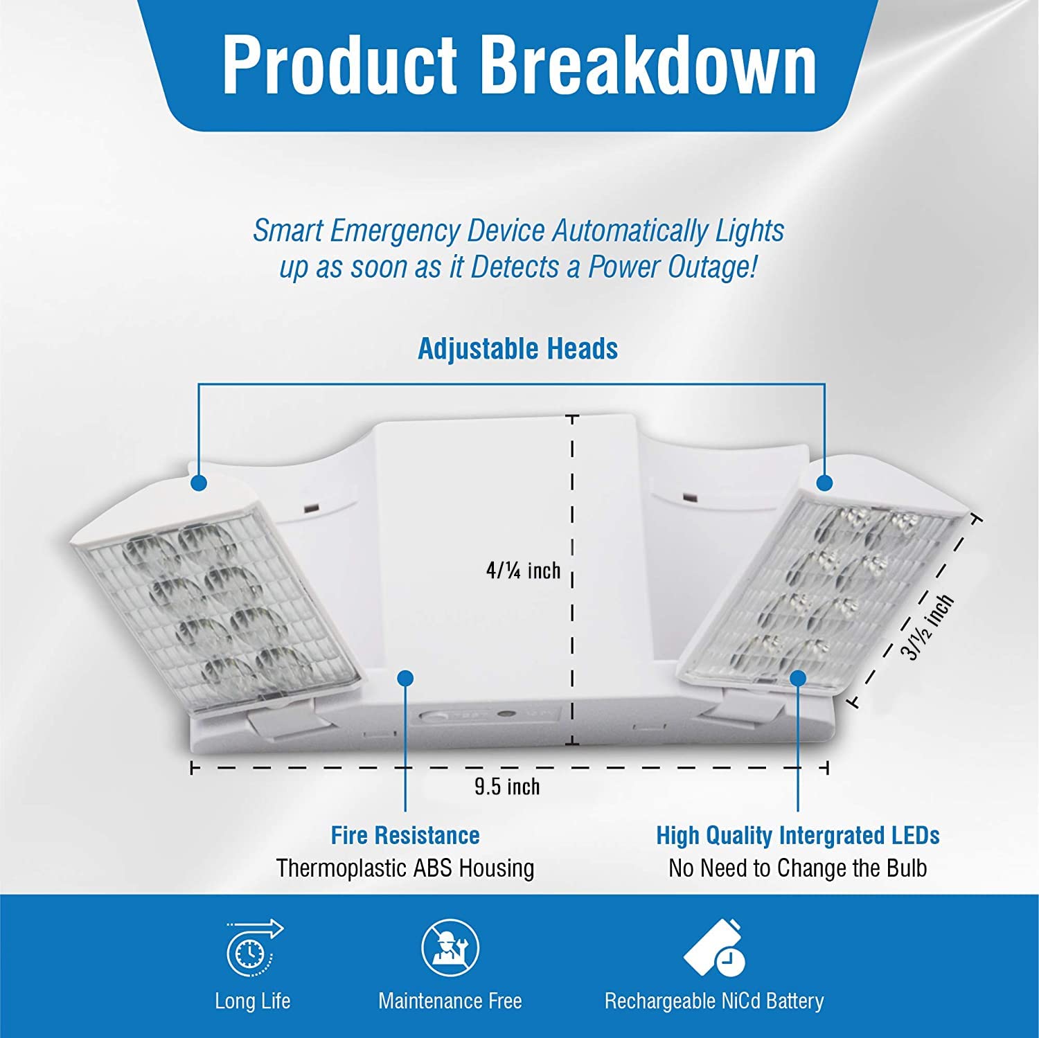 Ciata Led Emergency Lights with Battery Backup, for Home Power Failure, Hardwired with Adjustable Heads, Corded Emergency Light, Backup Battery, Emergency Lights for Business, Indoor Emergency Lights  - Like New
