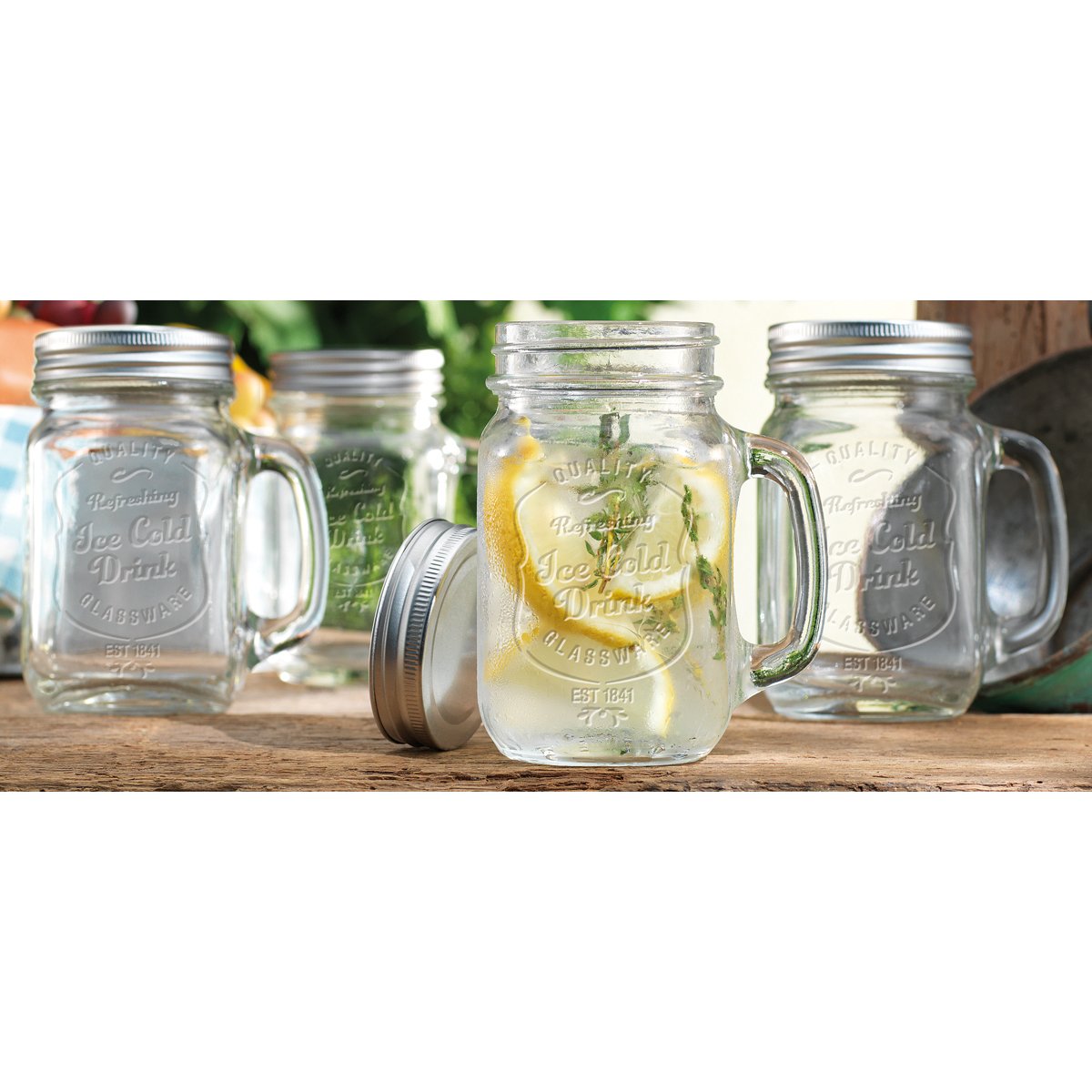 Home Essentials 4858P Set of 444; Green Del Sol Mason 16 Oz Glass Mug With Lid - Like New