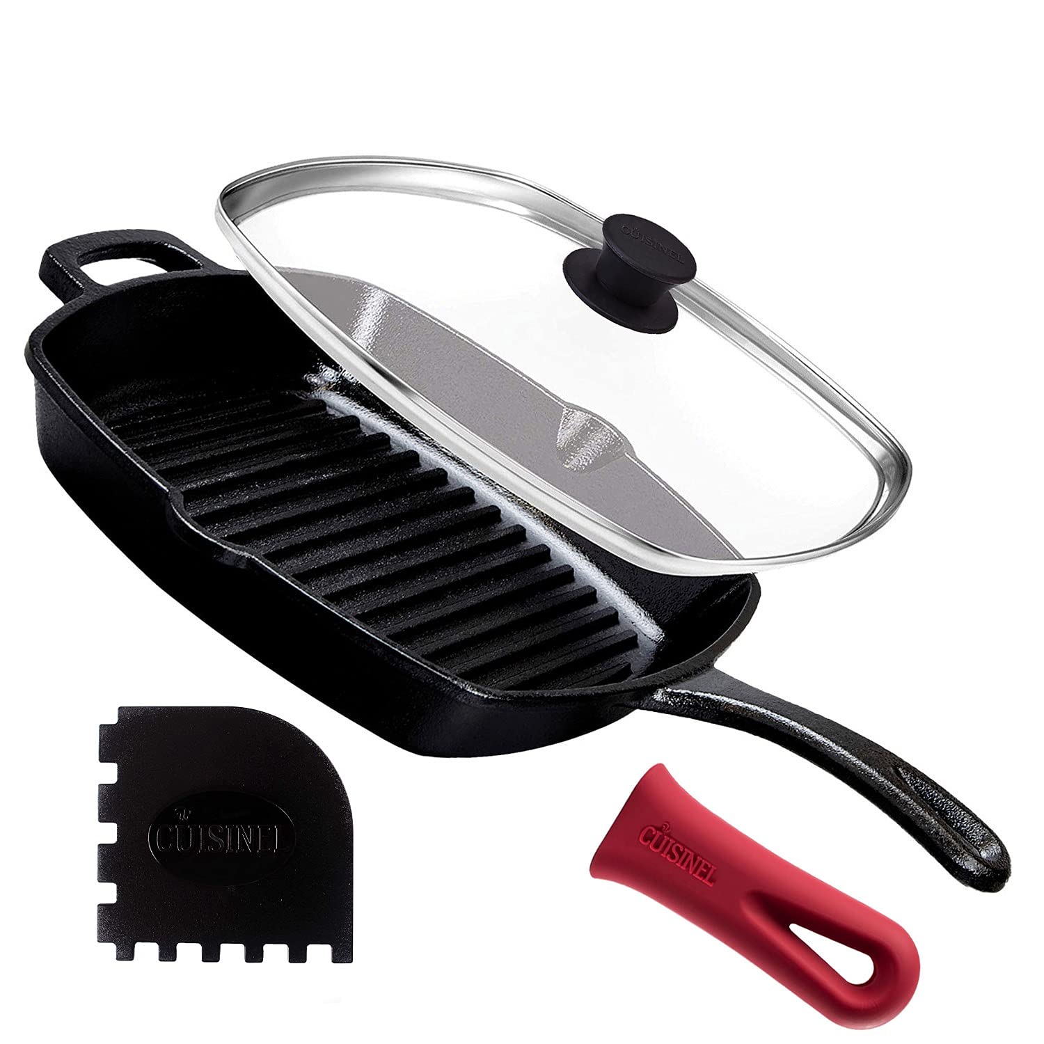Cuisinel Cast Iron Square Grill Pan + Glass Lid - 10.5" Pre-Seasoned Ridged Skillet + Handle Cover + Pan Scraper - Grill, Stovetop, Fire Safe - Indoor and Outdoor Use - for Grilling, Frying, Sauteing  - Good