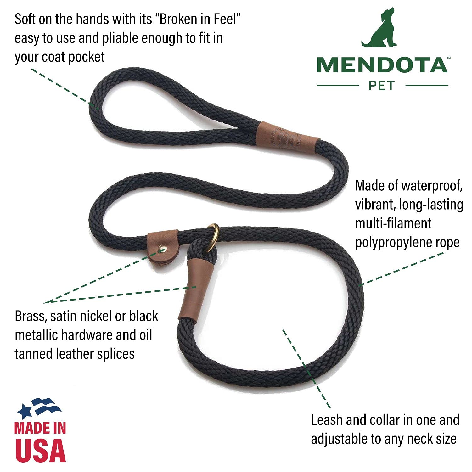 Mendota Pet Slip Leash - Dog Lead and Collar Combo - Made in The USA - Like New