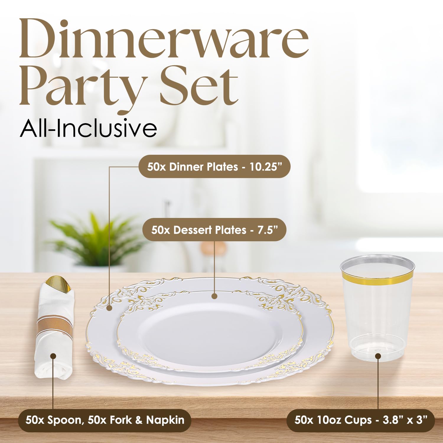 Zulzzy 350 PCS White and Gold Plastic Plates Vintage Design - Includes 50 Dinner Plates, 50 Dessert Plates, 50 Napkins, 50 Cups & Gold Silverware. Ideal for Weddings, Parties & Events. - Like New