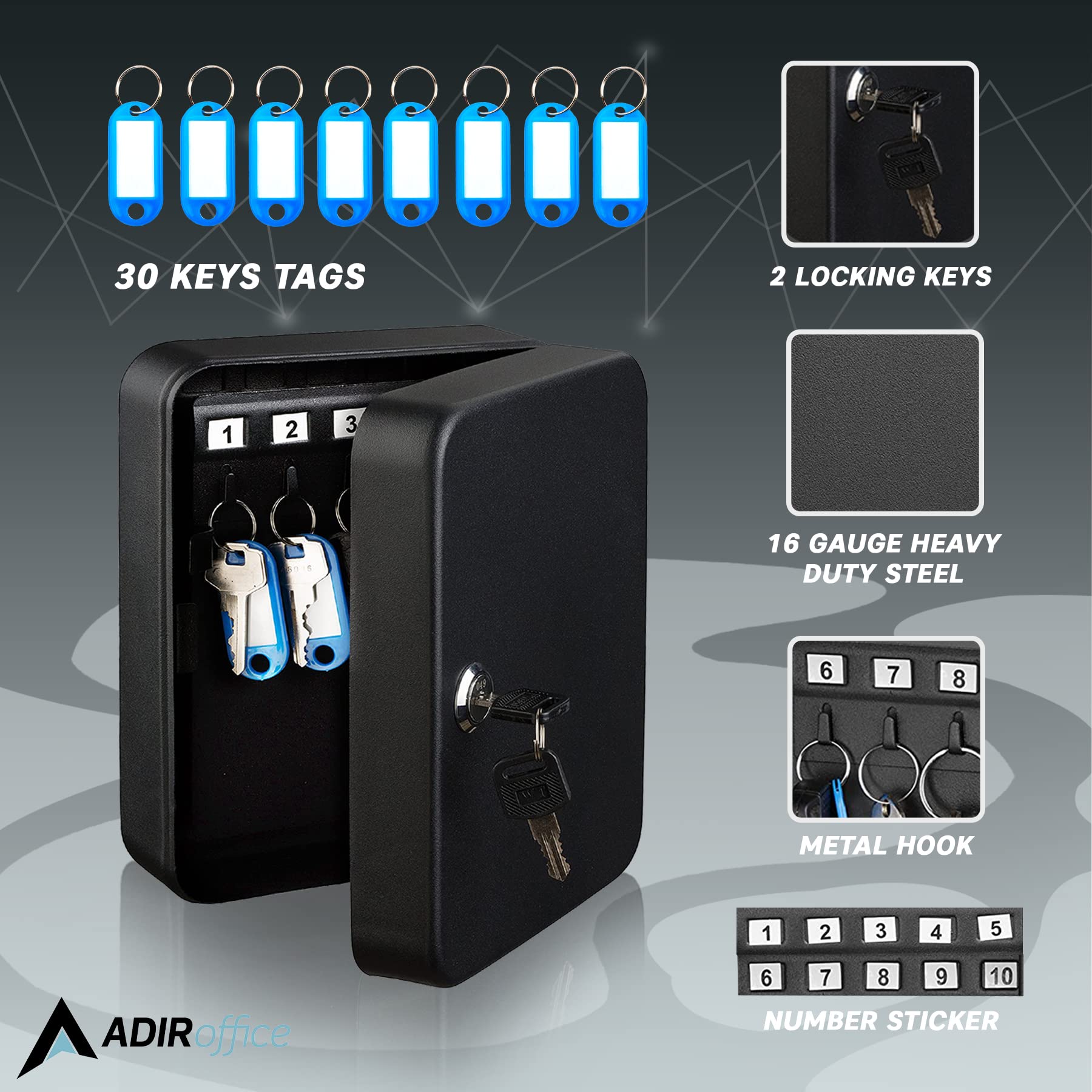 AdirOffice Key Lock Box – Wall Mounted Key Cabinet Lock Box, Car Keys Holder Box, Lockable Key Storage Box - Metal Key Box Organizer with Key Hooks for Home, Office, Garage and Valet - Like New