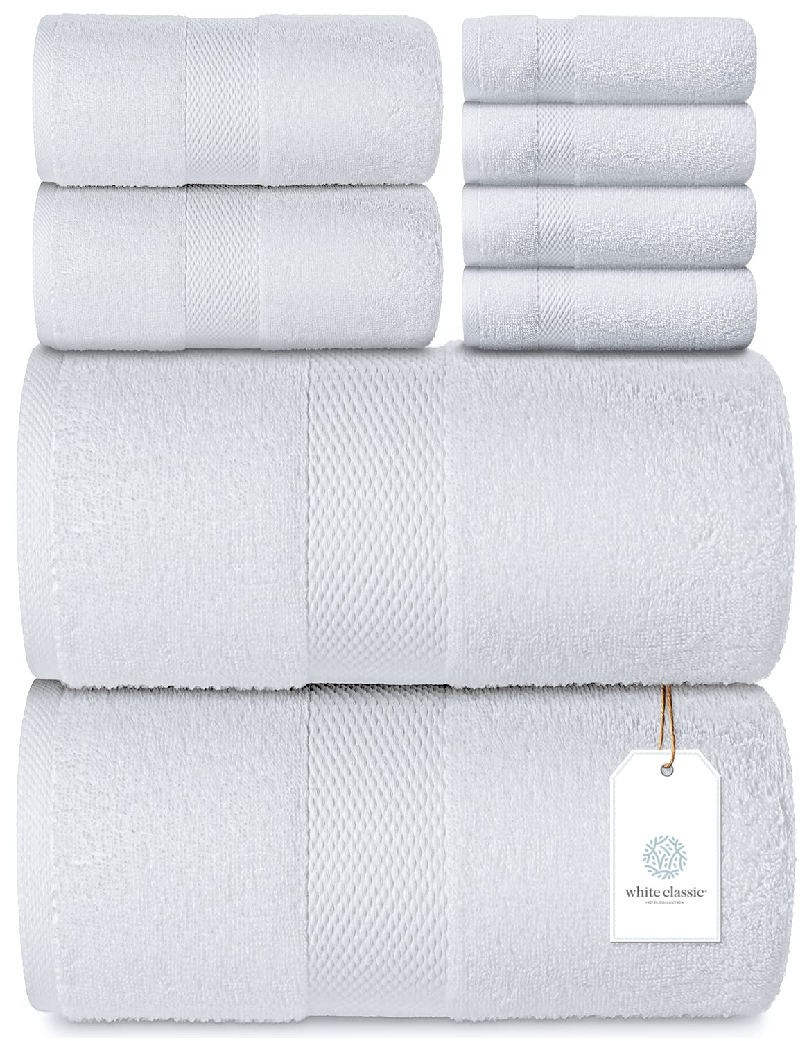 Luxury 8 Piece Bath Towel Set White - 700 GSM Thick Combed Cotton Hotel Quality Towels - 2 Bath Towels, 2 Hand Towels, 4 Washcloths - Like New