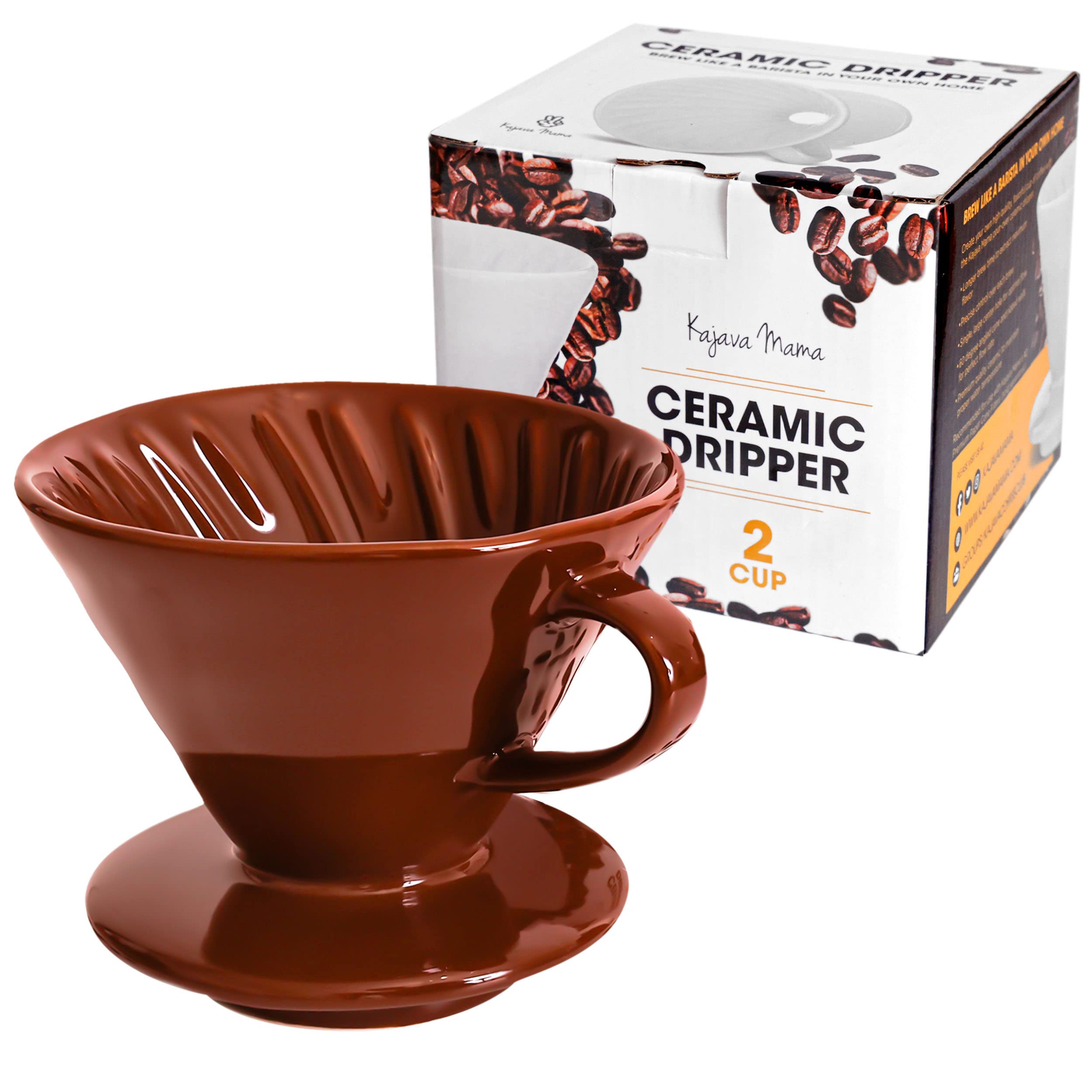 Kajava Mama Pour Over Coffee Dripper - Ceramic Slow Brewing Accessories for Home, Cafe, Restaurants - Easy Manual Brew Maker Gift - Strong Flavor Brewer - V02 Paper Cone Filters - Brown, 2 Cup size - Like New