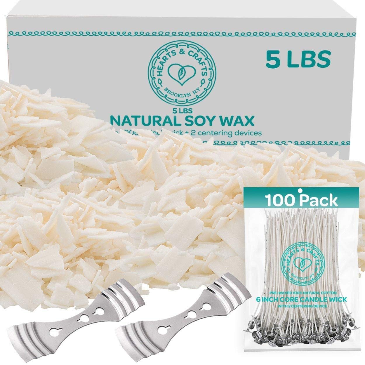 Hearts & Crafts Natural Soy Wax for Candle Making - 5lbs Natural Soy Wax - 100 6-Inch Pre-Waxed Candle Wicks, 2 Metal Centering Devices, 5lbs Soy Wax Flakes - Candle Wax for Candle Making Wax Supplies - Like New