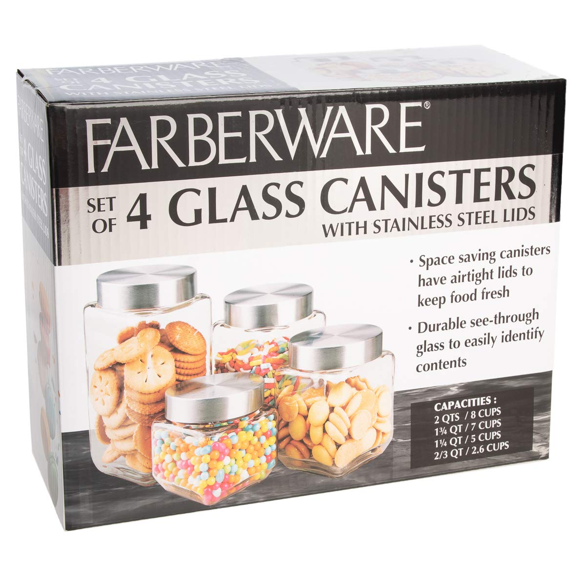 Farberware Set of 4 Variety Size Glass Canister Food Storage Container with Stainless Steel Lids � Beans Cereal Coffee Rice Flour Candy Sugar & More - Like New