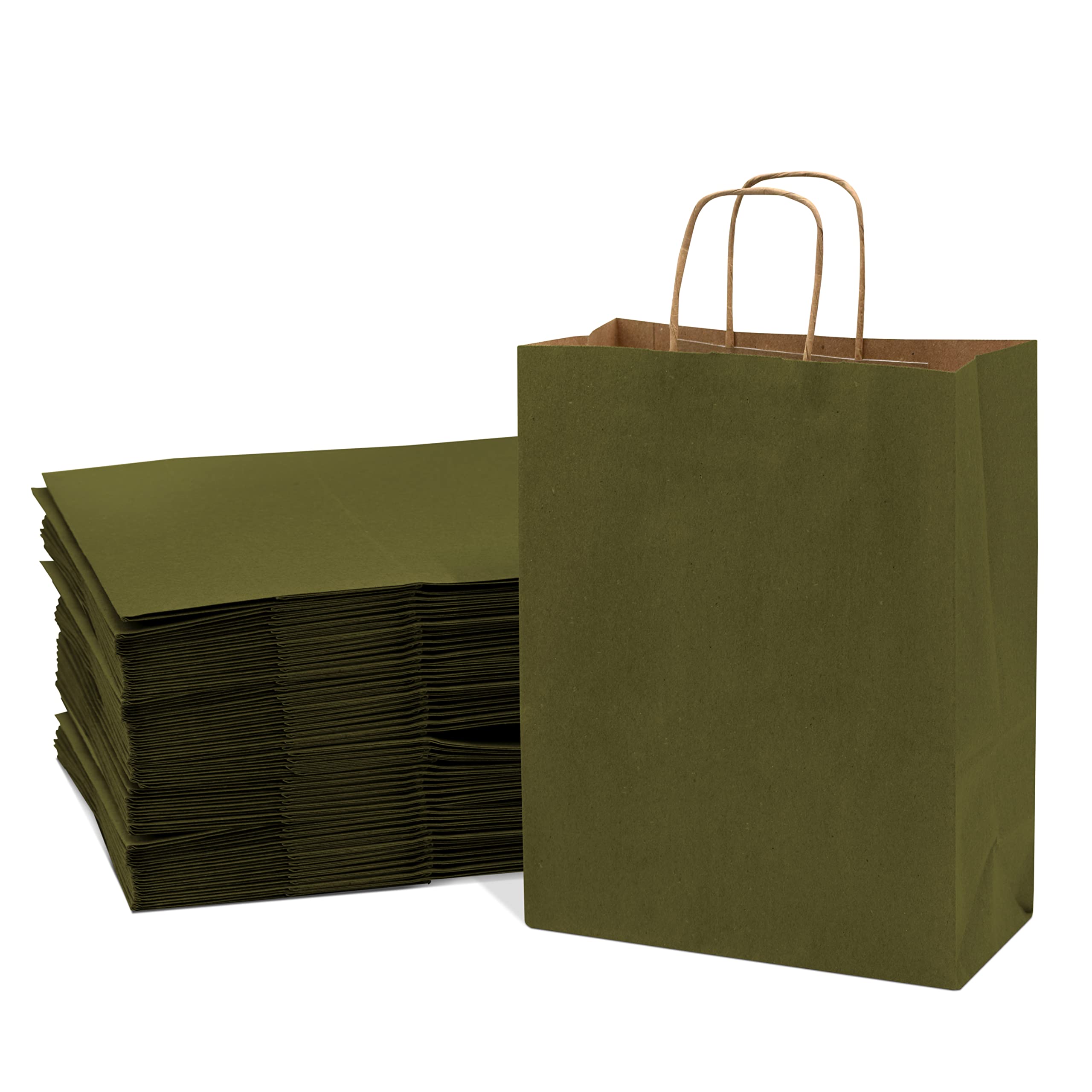 Prime Line Packaging 10x5x13 50 Pack Medium Green Gift Bags, Kraft Bags with Handles, Paper Bags for Small Business, Shopping, Retail, Christmas, Bulk - Very Good