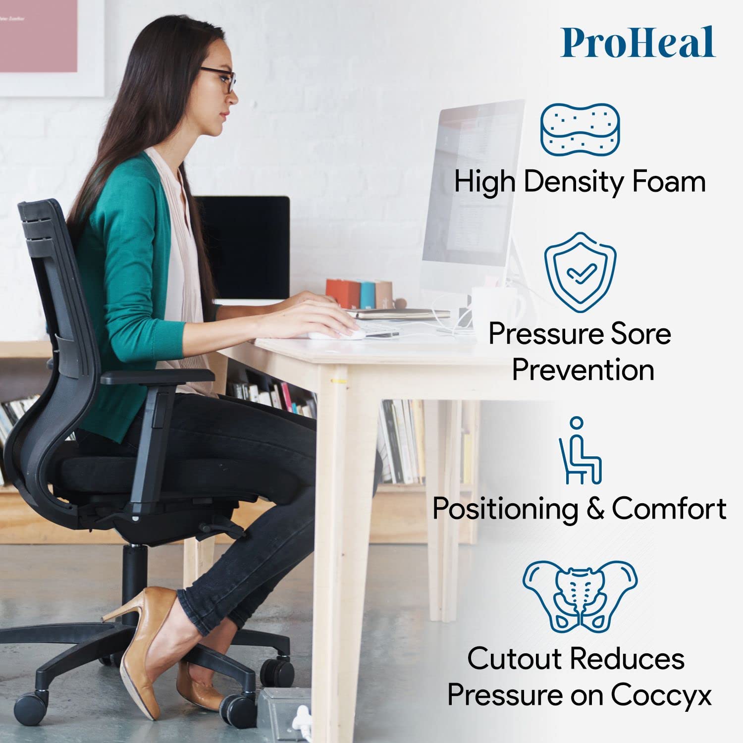 ProHeal Coccyx Foam Wheelchair Cushion 3" Medium Profile - Offers Lower Back Support - Relief for Pressure Sores and Pain - High Density, High Resilient Foam - 1 Year Warranty - Like New