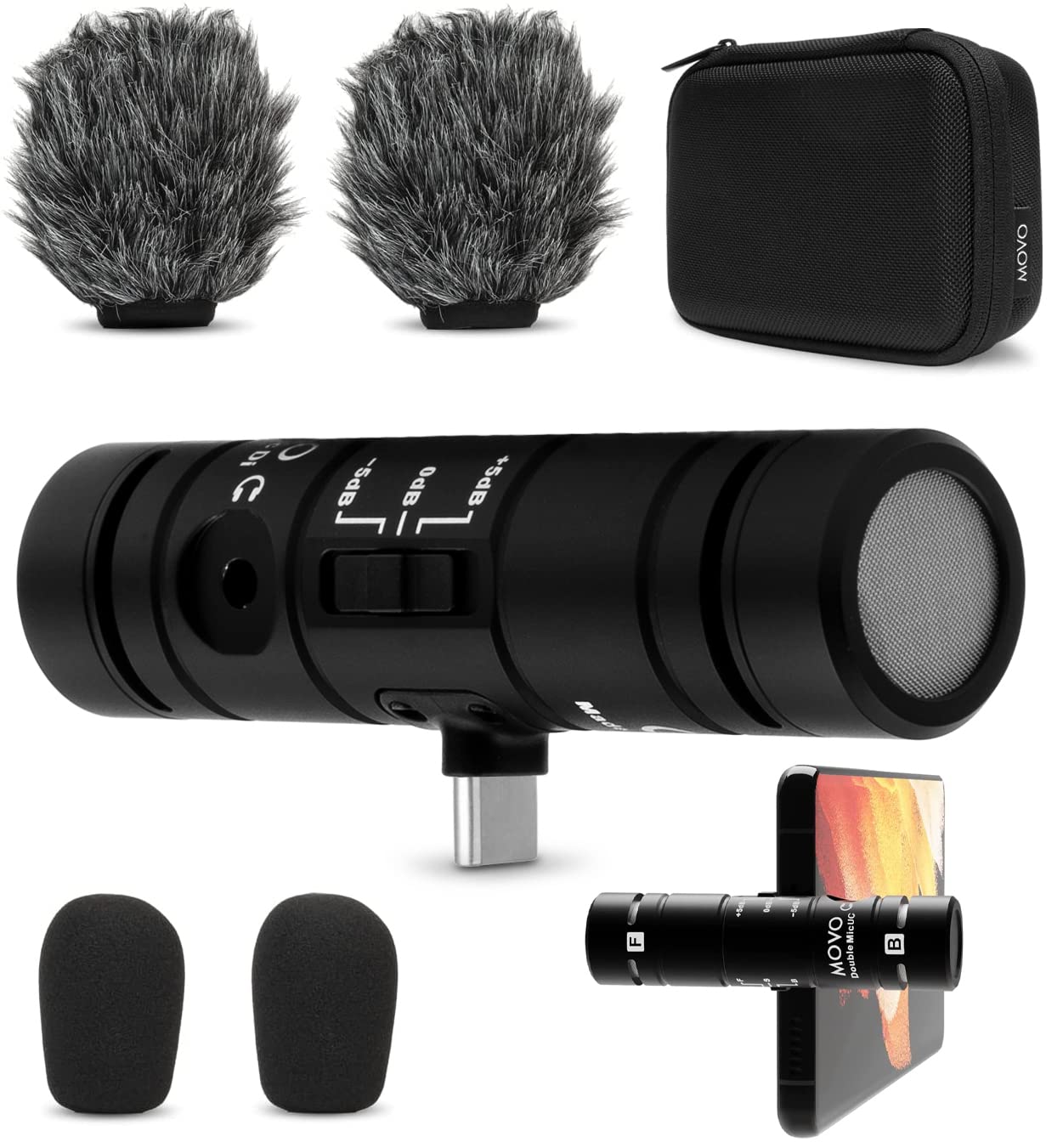 Movo DoubleMic-UC Dual Capsule Phone Microphone for USB-C Devices- Two-Sided Cardioid Condenser Android Shotgun Mic for Video Recording- Professional Microphone for Samsung, iPad Pro, Google Pixel - Like New