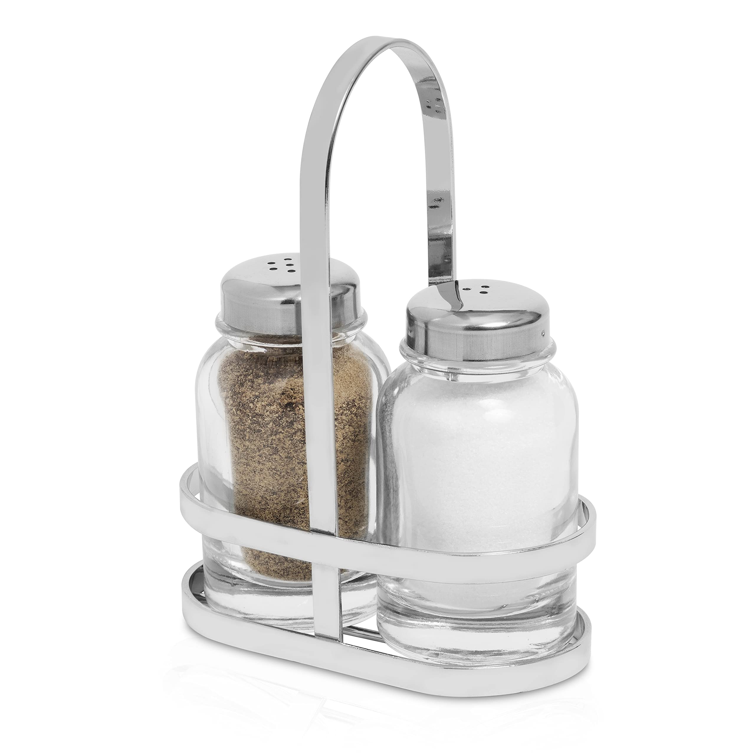 MosJos Glass Salt and Pepper Shakers - Premium Condiment Dispenser Set with Elegant Stainless Steel Lids & Holder for Vintage Farmhouse Kitchen Decor - Like New