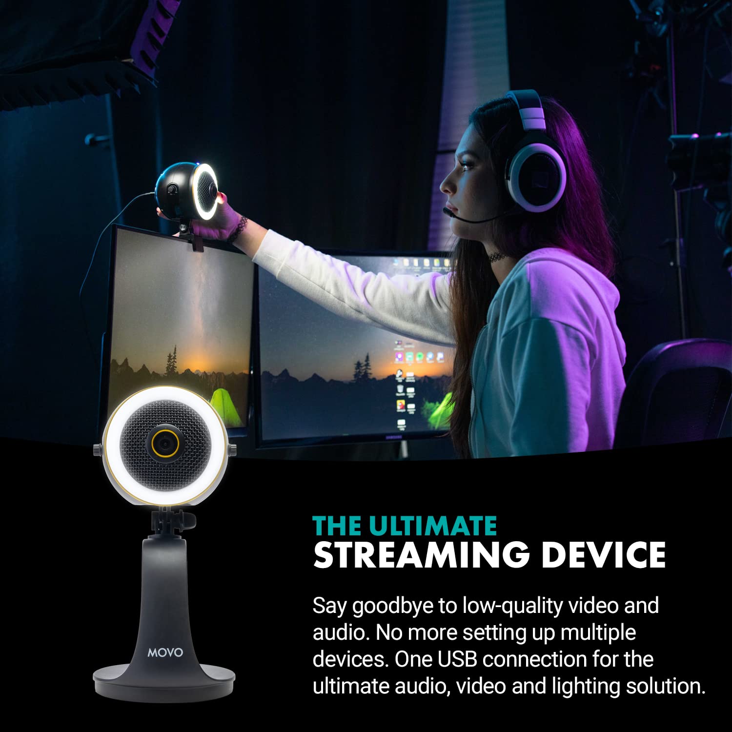 Movo WebMic HD Pro All-in-One Webcam with Mic and Ring Light - Very Good
