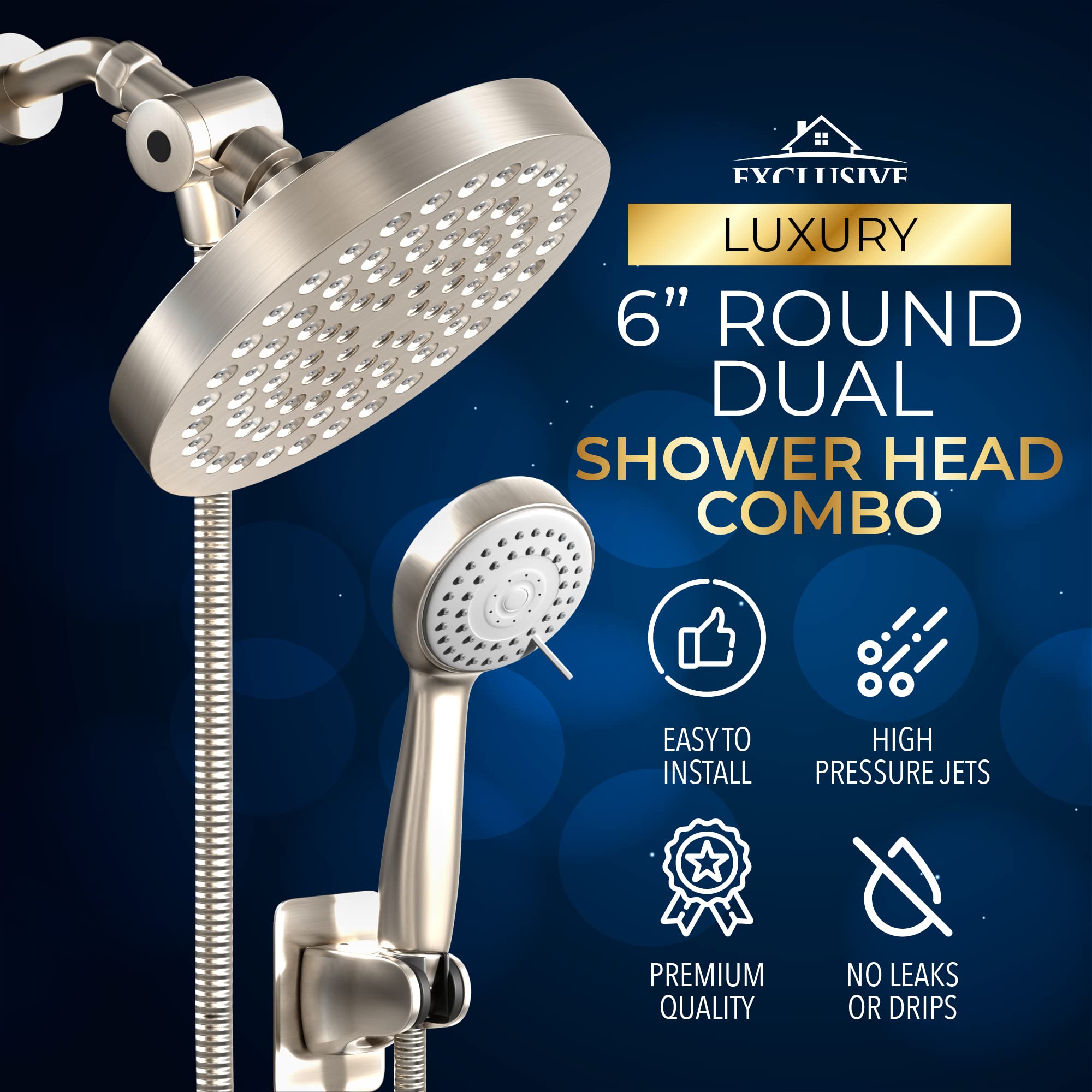 Shower Head With Handheld Combo, 6 Inch High Pressure Rainfall Showerhead With Hand Held 70 Inch Hose for Bath - Adjustable Swivel Shower Head Spray Anti-leak Nozzles - Universal Fit - Like New