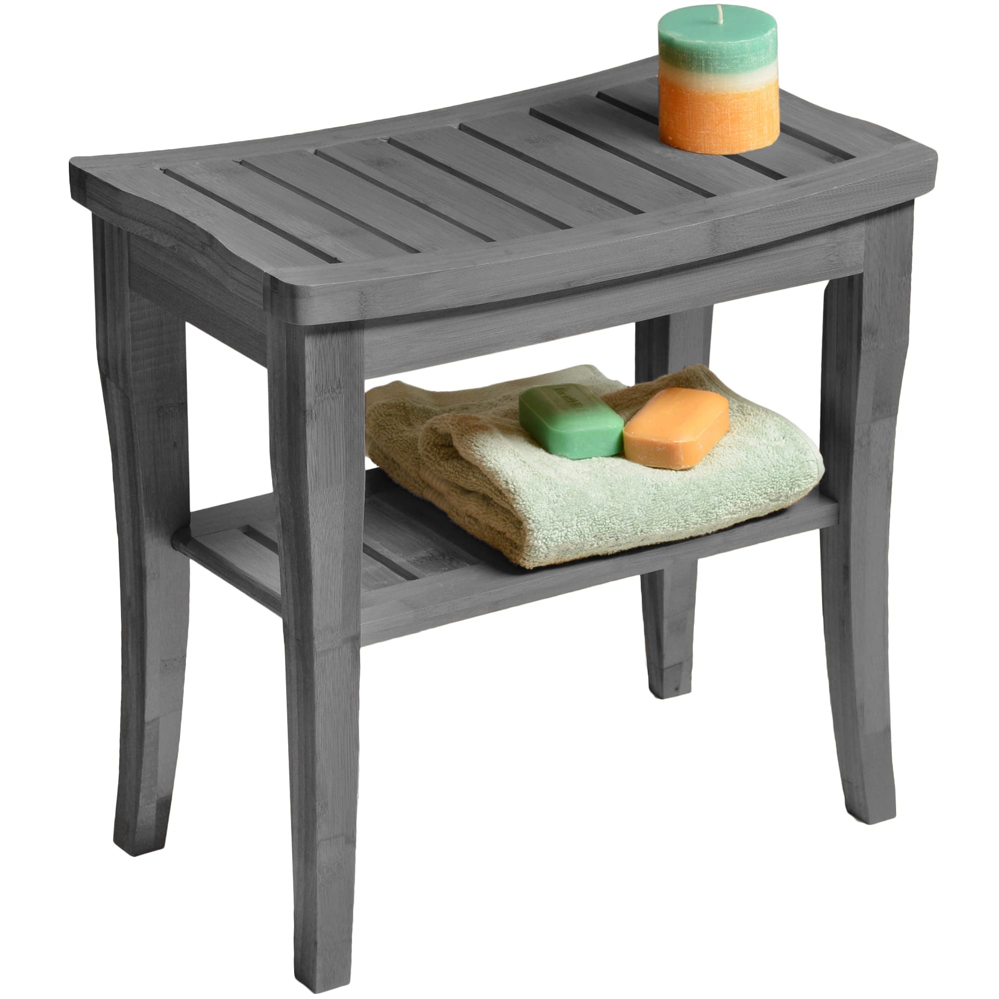 Bamboo Shower Bench Spa Stool - Wood 2-Tier Seat, Foot Rest Shaving Stool with Non-Slip Feet + Storage Shelf - Seat or Organizer for Bathroom, Living Room, Bedroom and Garden D�cor (Grey) - Like New