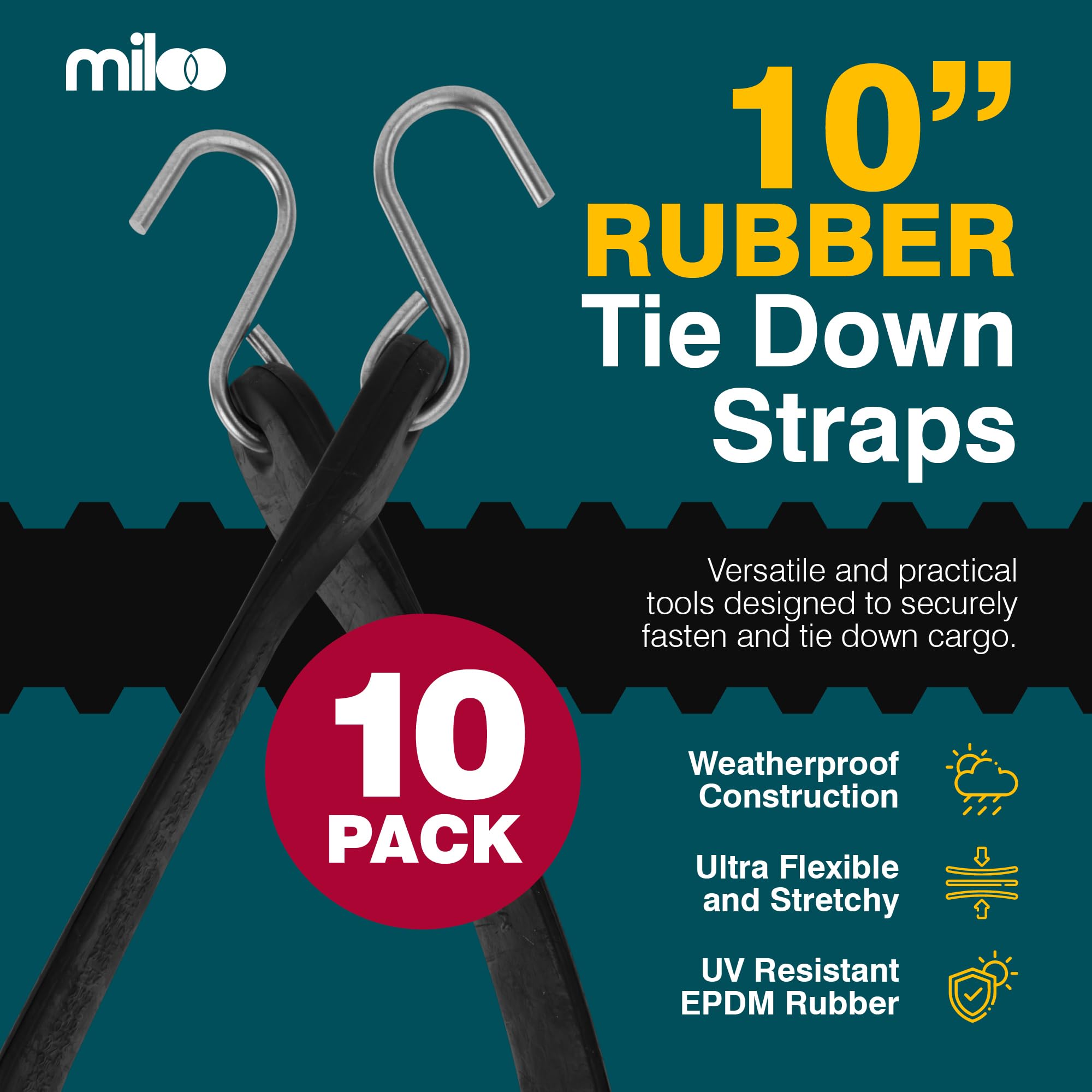 Miloo Rubber Bungee Cords with Hooks - Heavy Duty Tarp and Cargo Straps - Made in USA - Very Good