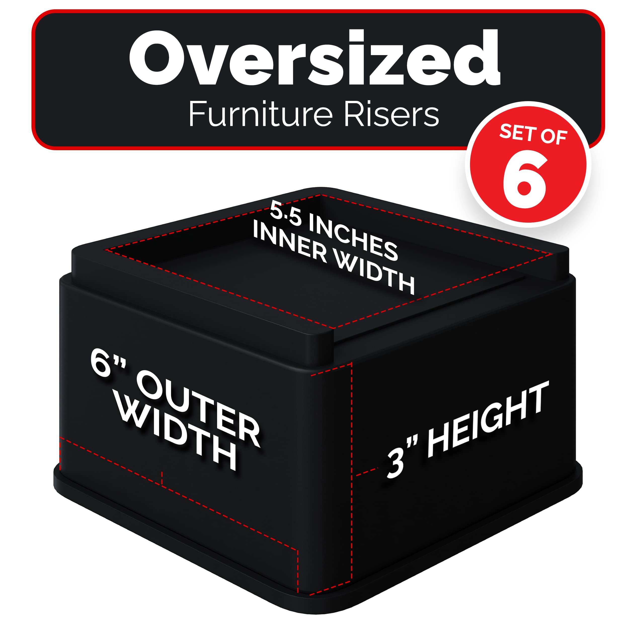 iPrimio Oversized Bed Risers - Square, 3 Inch Lift, Heavy Duty, 6 Pack, Up to 6000lbs -Bed Raising Blocks, Furniture Risers - Safe, Sturdy Bed Lifts for College Dorm Rooms, Couch Risers, Tables, Desks - Acceptable