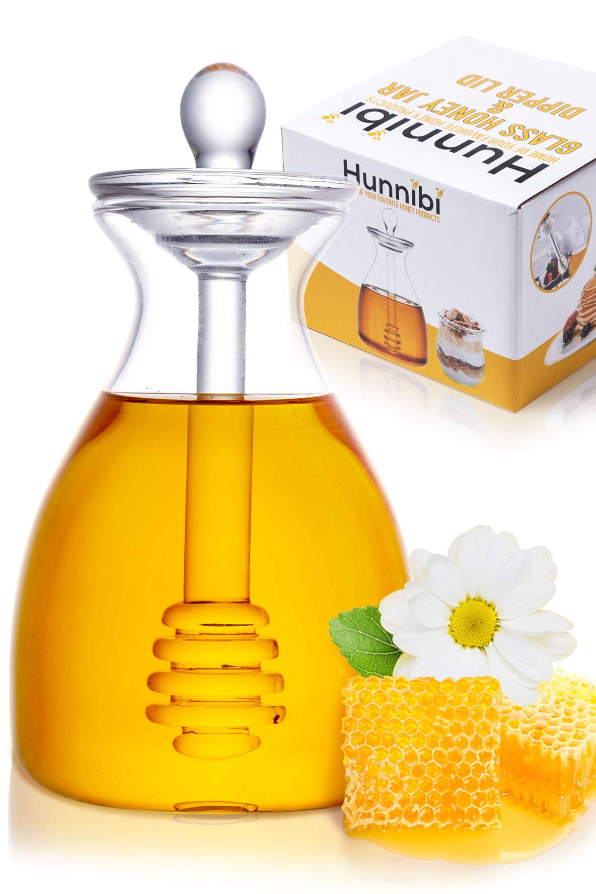Hunnibi Handmade Honey Jar with Dipper, Glass Made Honey Dipper and Honey Pot - Honey Dispenser - Like New