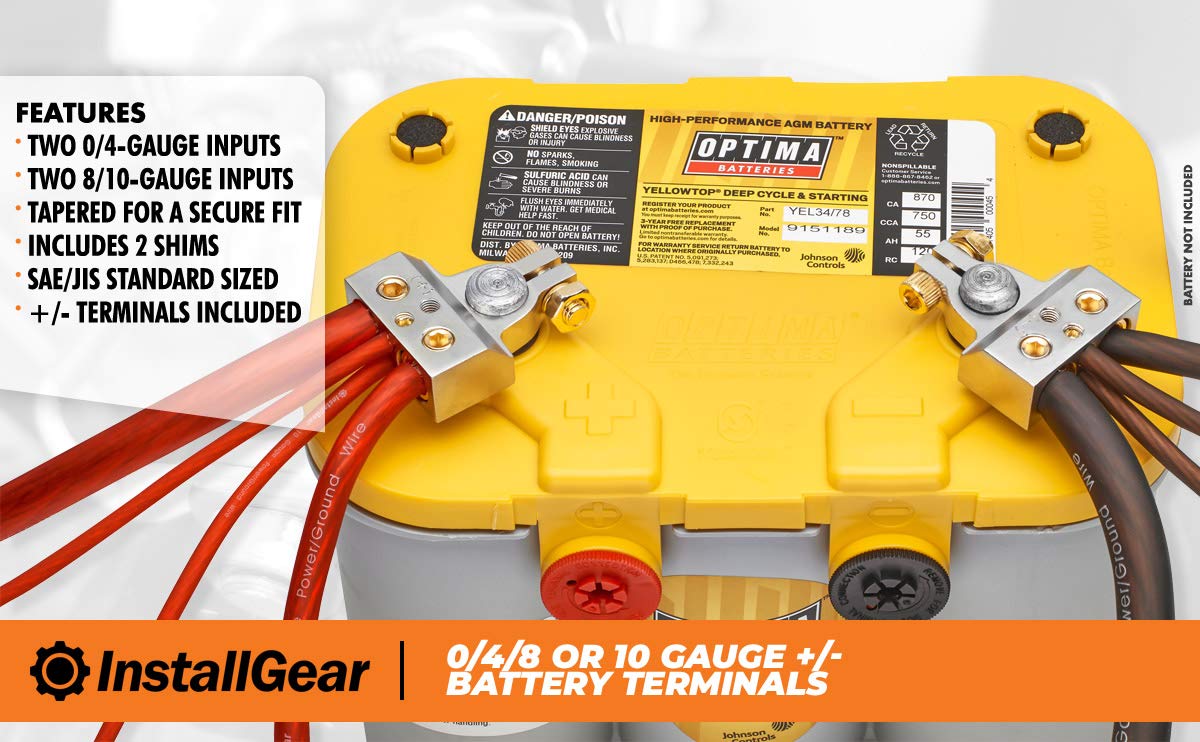 InstallGear 0/4/8 or 10 Gauge Battery Terminals with Shims - Positive and Negative - for Battery Pack, Car Battery Terminal, Battery Terminal Connectors, 0 Gauge, 4 Gauge, 8 Gauge, and 10 Gauge Wires  - Very Good