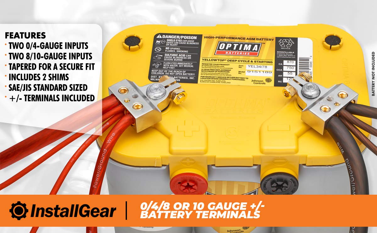 InstallGear 0/4/8 or 10 Gauge Battery Terminals with Shims - Positive and Negative - for Battery Pack, Car Battery Terminal, Battery Terminal Connectors, 0 Gauge, 4 Gauge, 8 Gauge, and 10 Gauge Wires - Like New