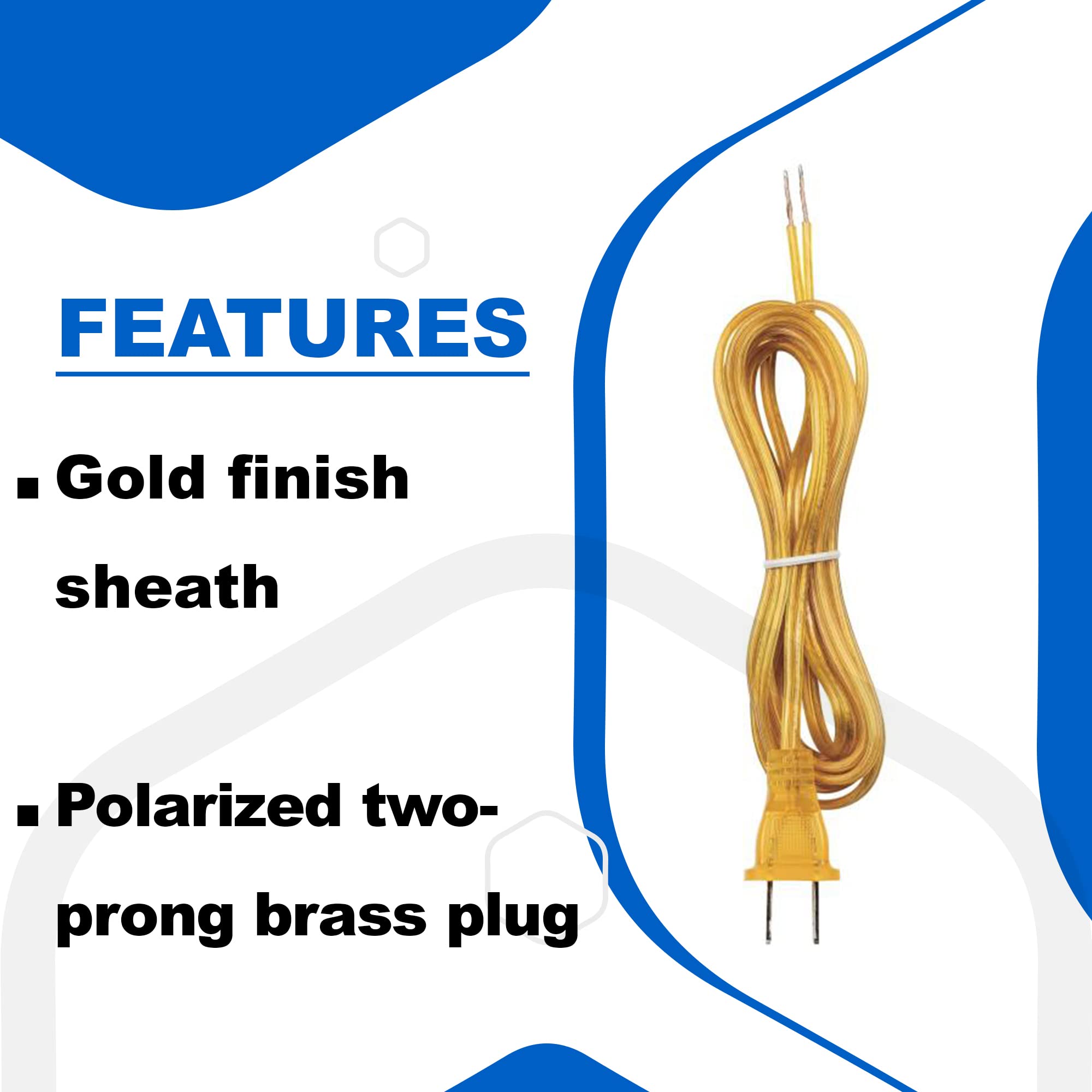 Ciata Lamp Wire, 8ft Lamp Cord with Polarized Molded Two-Prong Plug for Table and Floor Light Fixtures, Stripped Ends, Easy and DIY Installation, UL Listed, 105� Heat Resistance Rating in Gold Finish  - Like New