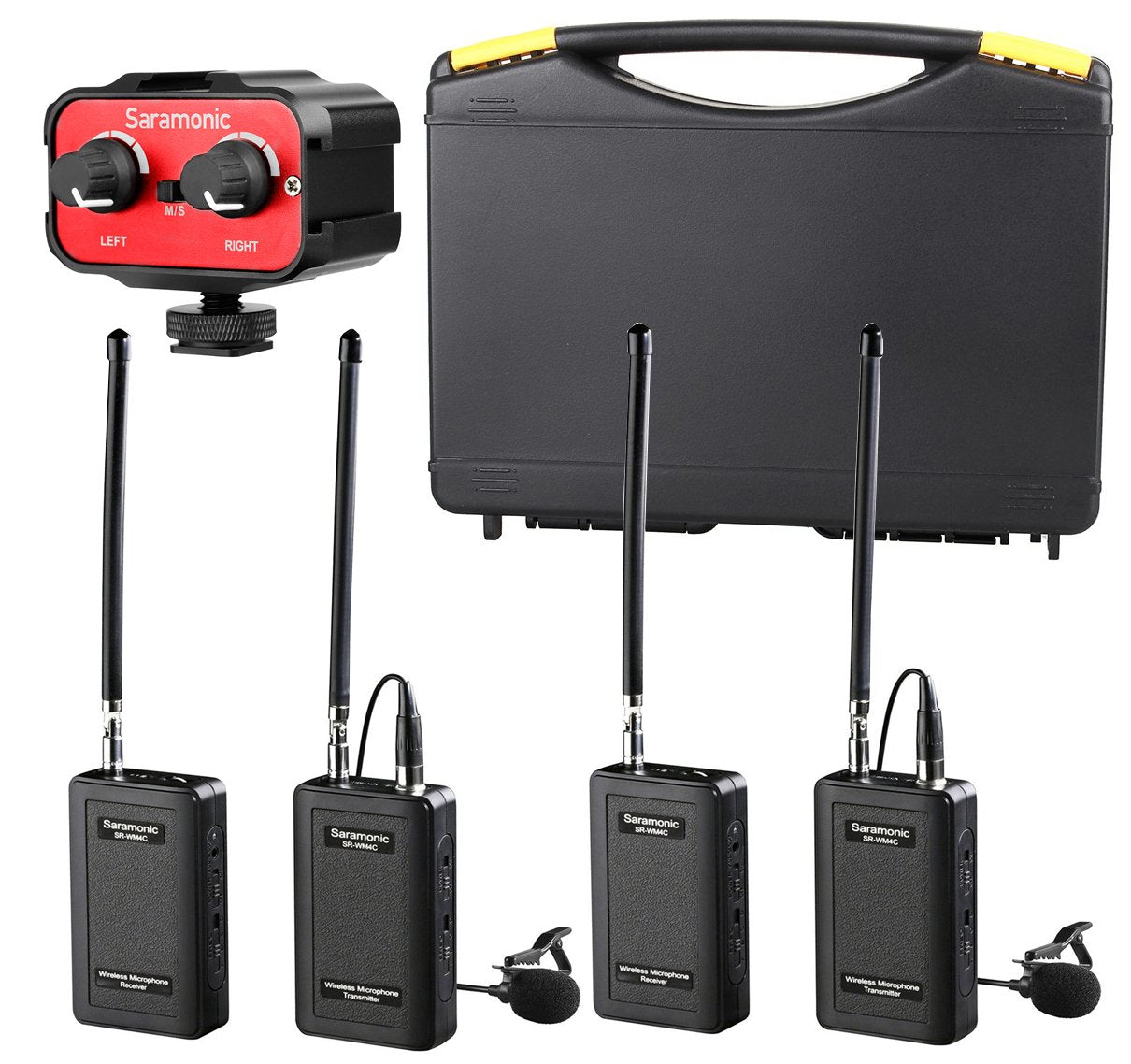 Saramonic Wireless VHF Lavalier Microphone Bundle with 2 Bodypack Transmitters, 2 Receivers, and 2-Ch Mixer for DSLR Cameras, Camcorders and More - 200' Wireless Transmission Range (Black, Red) - Like New