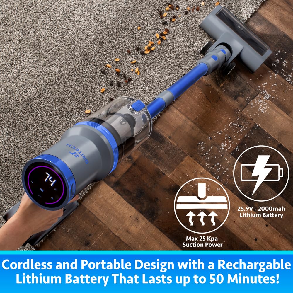 BRITECH Cordless Lightweight Stick Vacuum Cleaner, 300W Motor for Powerful Suction 40min Runtime, LED Display Screen & Headlights, Great for Carpet Cleaner, Hardwood Floor & Pet Hair (Gray) - Very Good